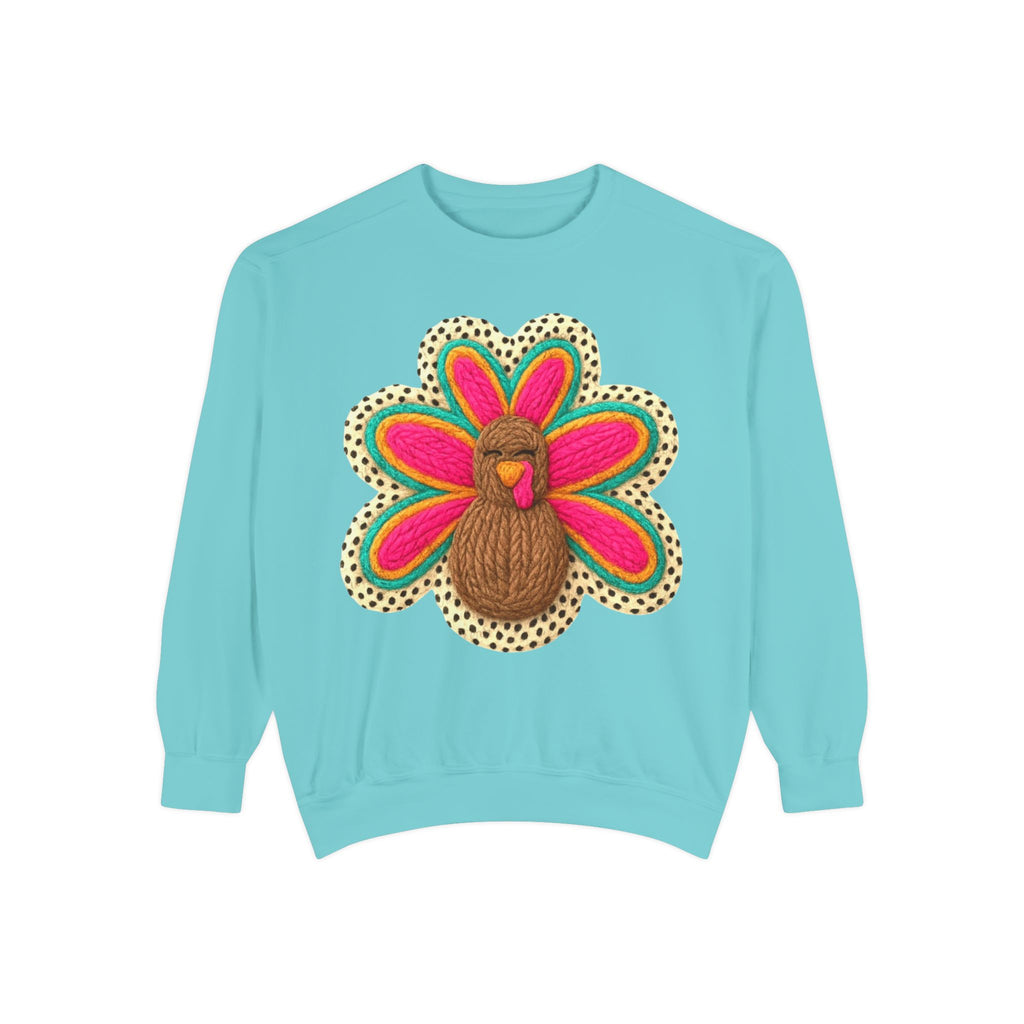 Festive Holiday Designs Turkey Patch Sweatshirt — Colorful Embroidered Thanksgiving Pullover