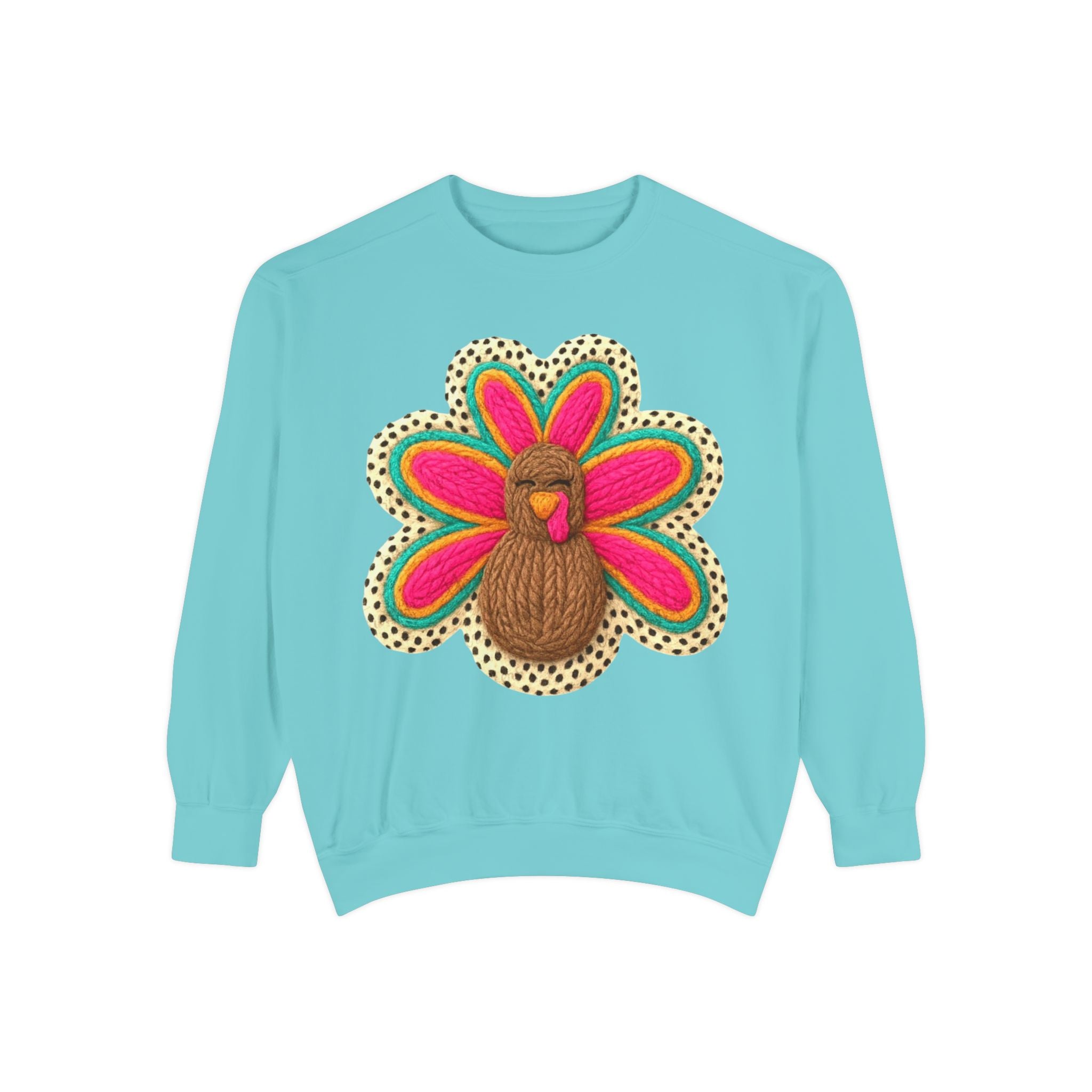 Festive Holiday Designs Turkey Patch Sweatshirt — Colorful Embroidered Thanksgiving Pullover