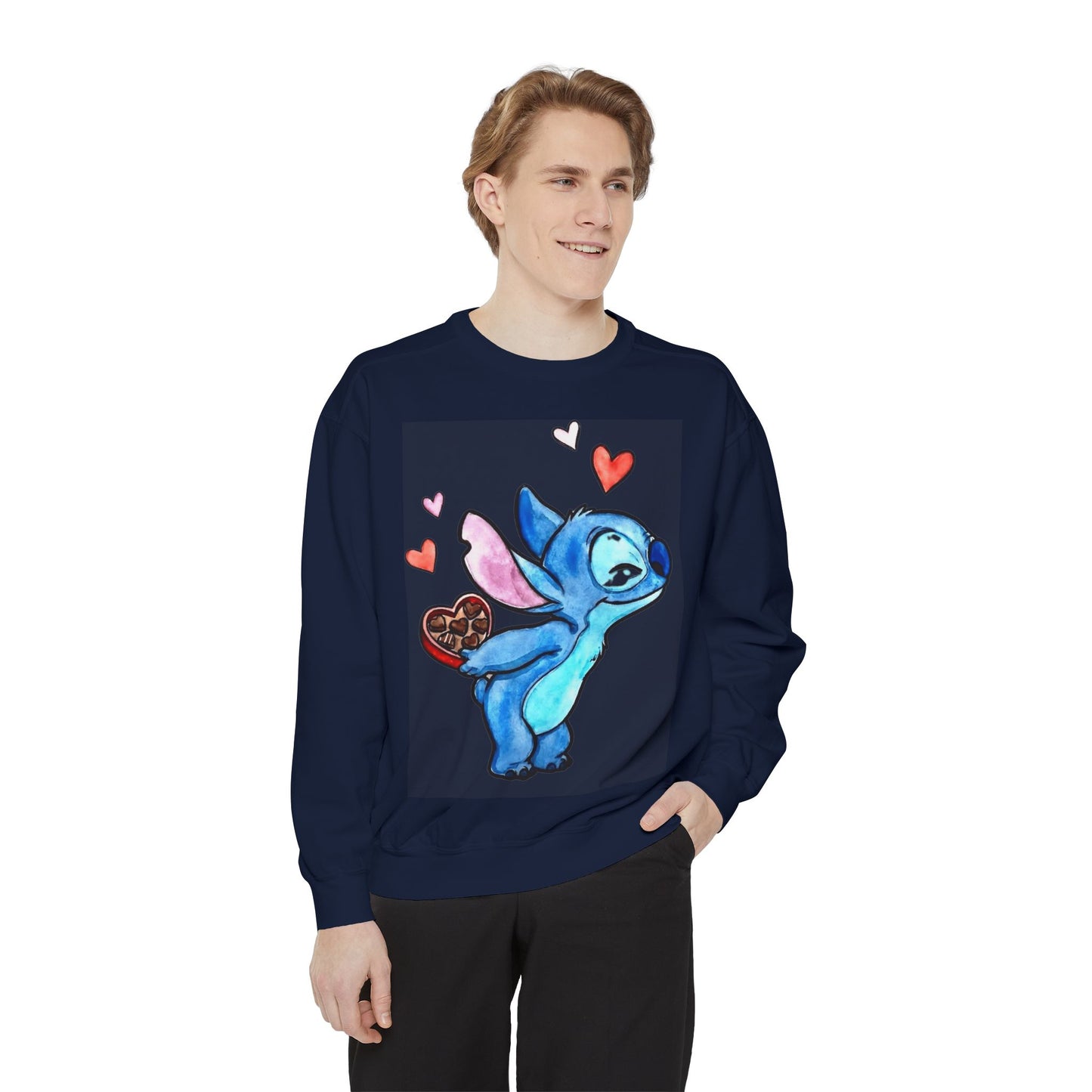 Stitch Valentine Sweatshirt — Cute Blue Alien with Hearts & Chocolate Pocket