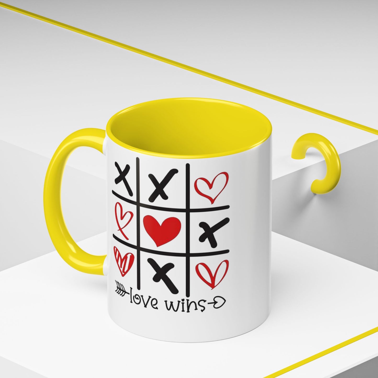 Love Wins Tic-Tac-Toe Heart Accent Coffee Mug — Romantic Valentine 11/15oz