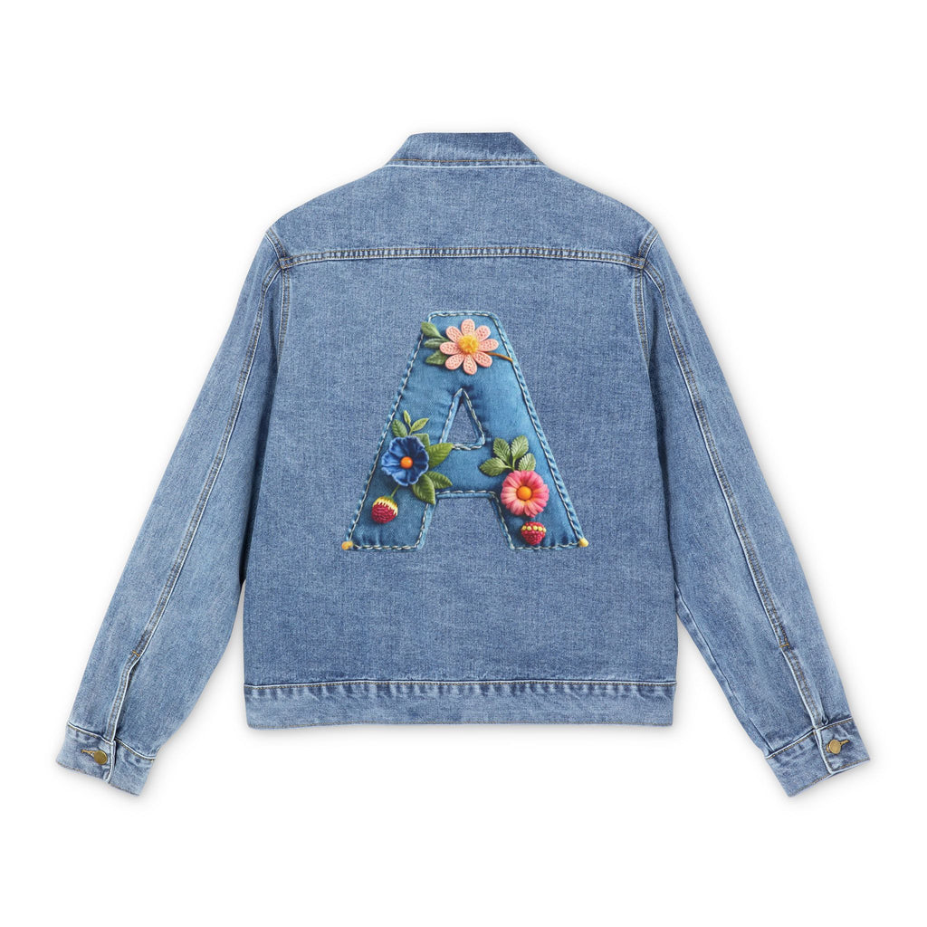 Denim Jacket with Floral Letter A Patch — Men's Personalized Embroidered Jean Jacket