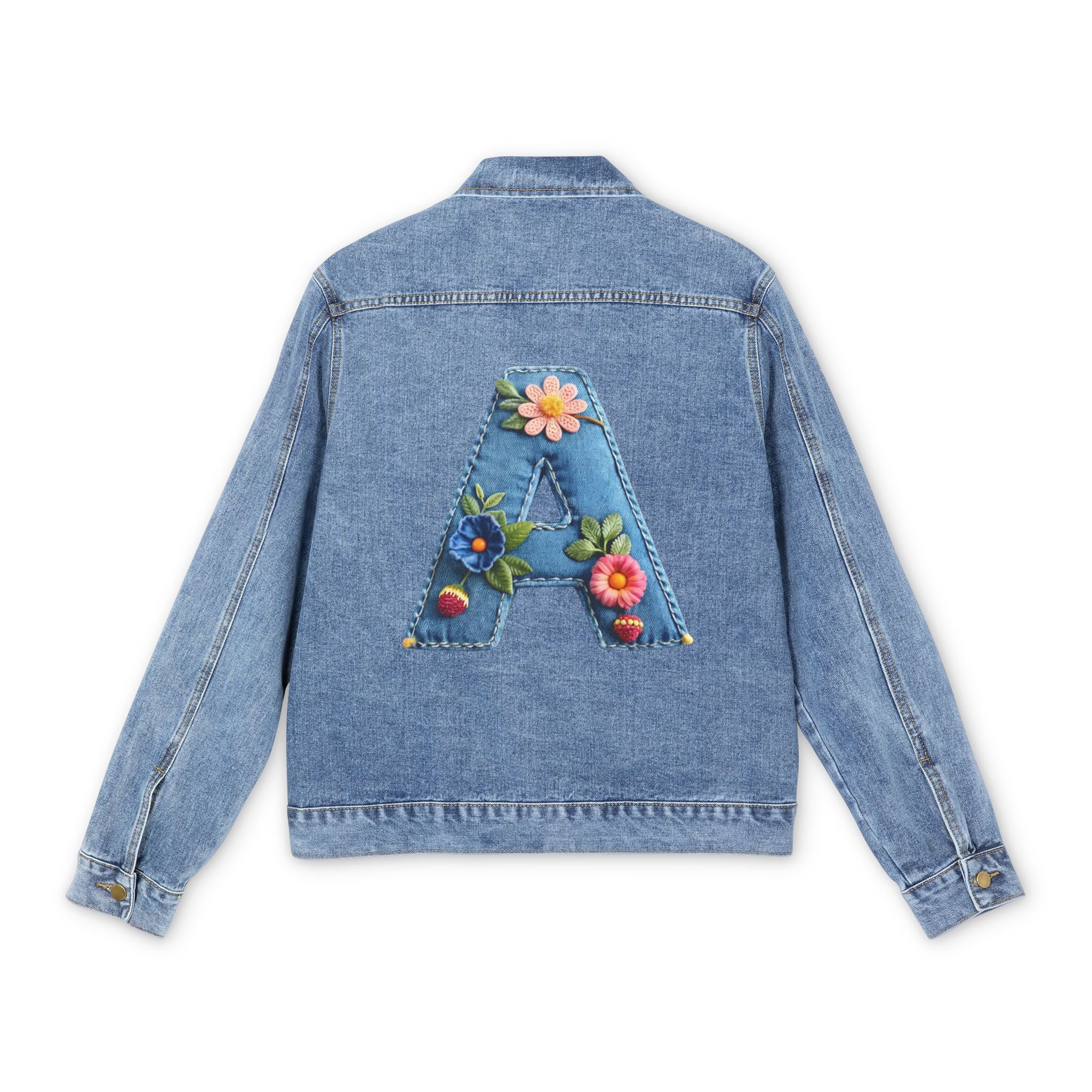 Denim Jacket with Floral Letter A Patch — Men's Personalized Embroidered Jean Jacket