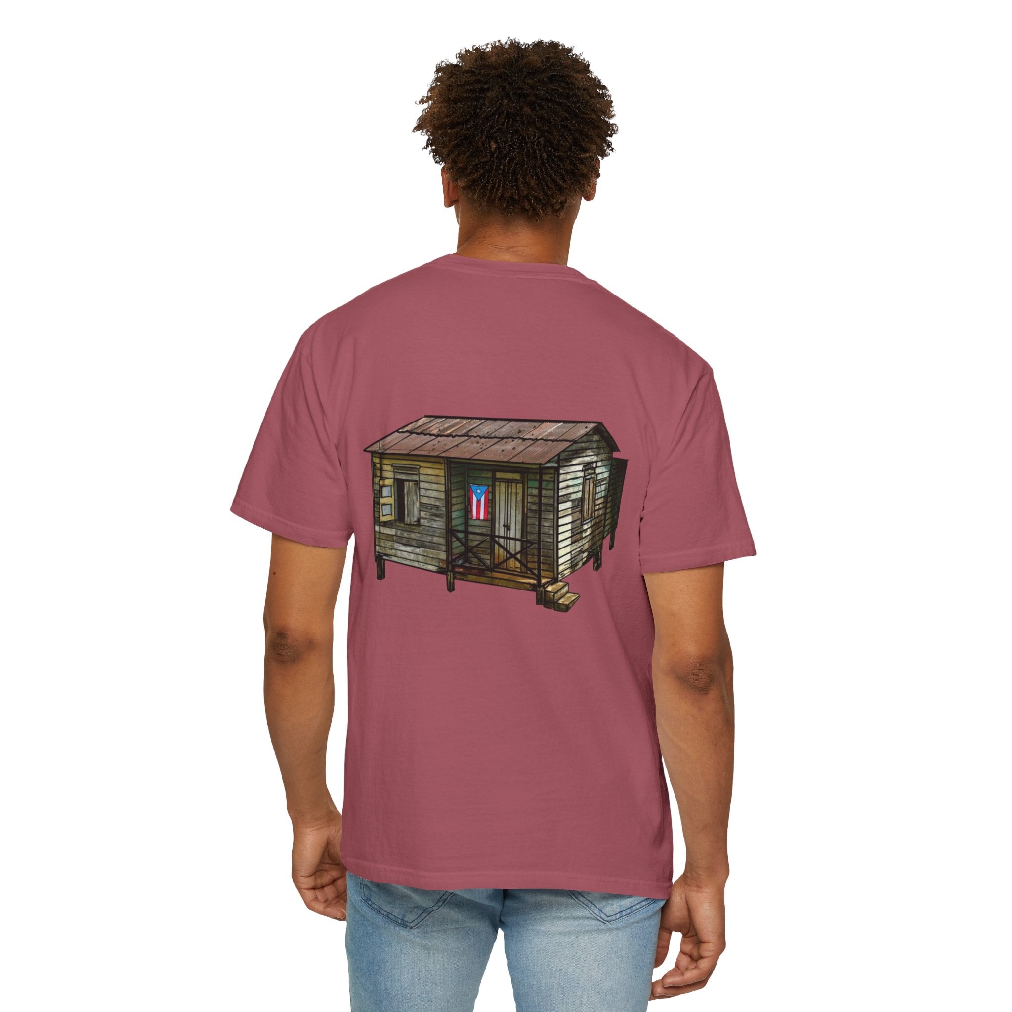 Puerto Rican Batey Cabin T-Shirt  Three Masks & Rustic House Graphic Tee Puerto Rico Navidades