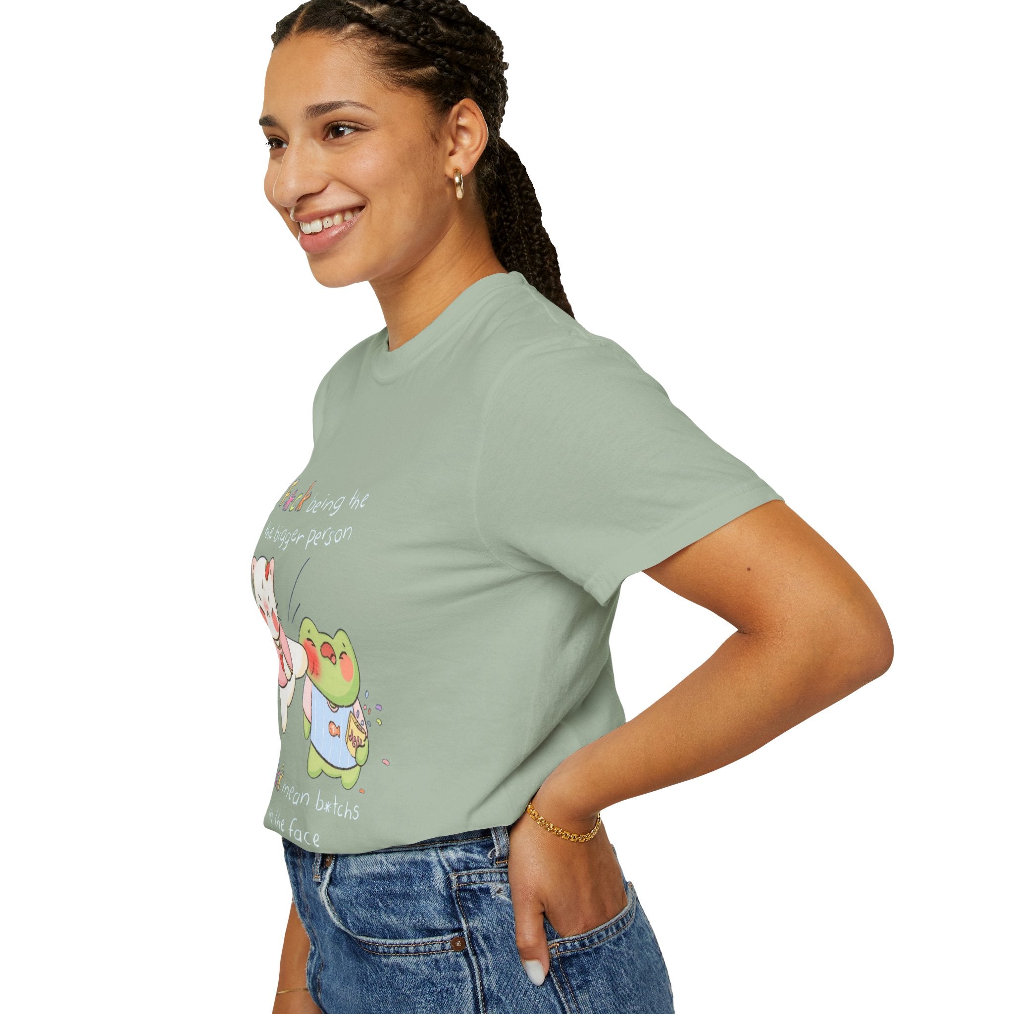 Graphic T-Shirt  Cute Kicking Cat & Frog with 'F*ck Being The Bigger Person' Slogan