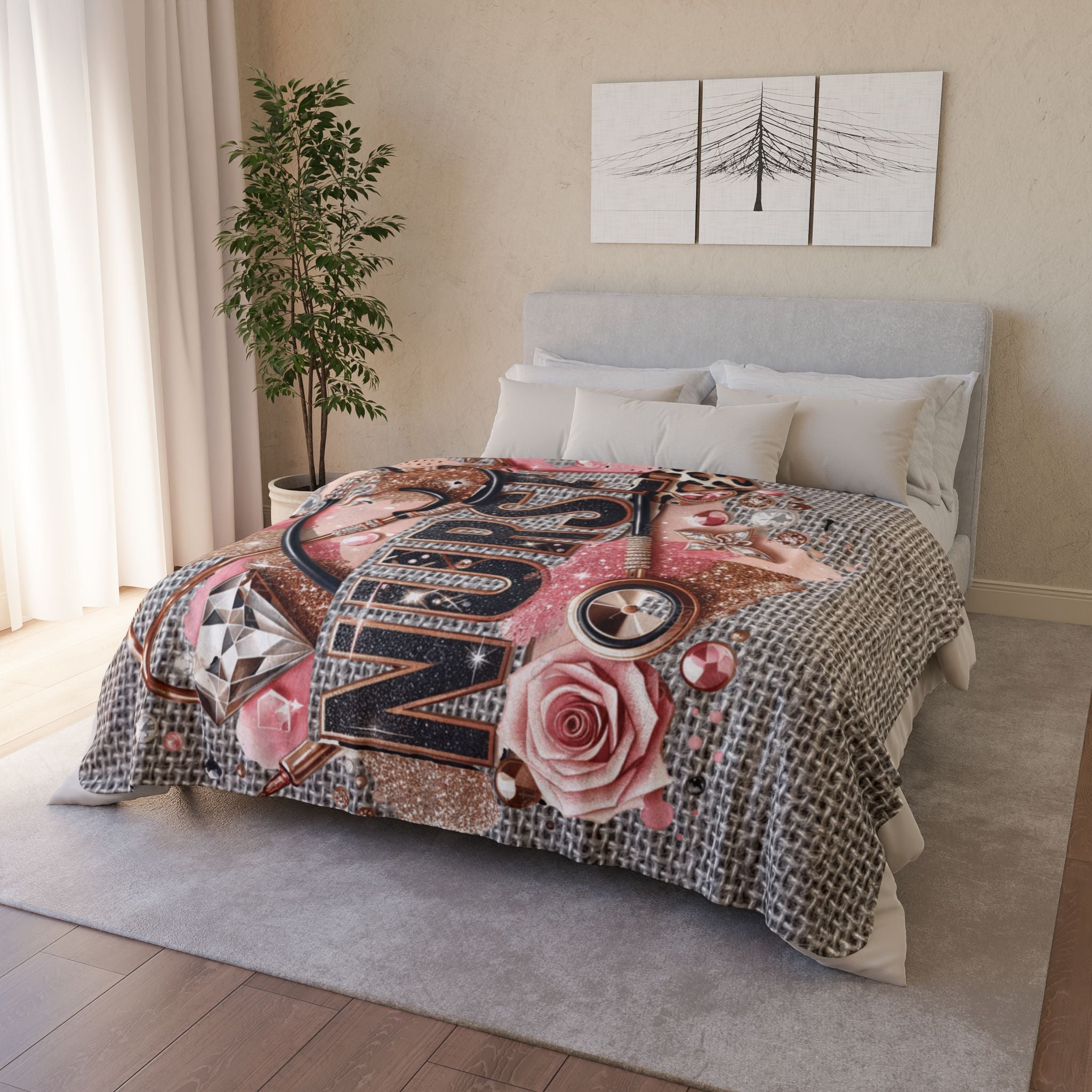 Nurse Fleece Sherpa Blanket — Pink Glam Stethoscope & Roses Cozy Throw
