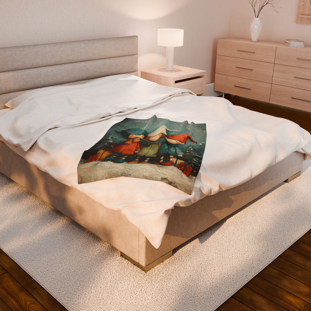Christmas Elf Trio Velveteen Plush Blanket – Cozy Holiday Kids Throw