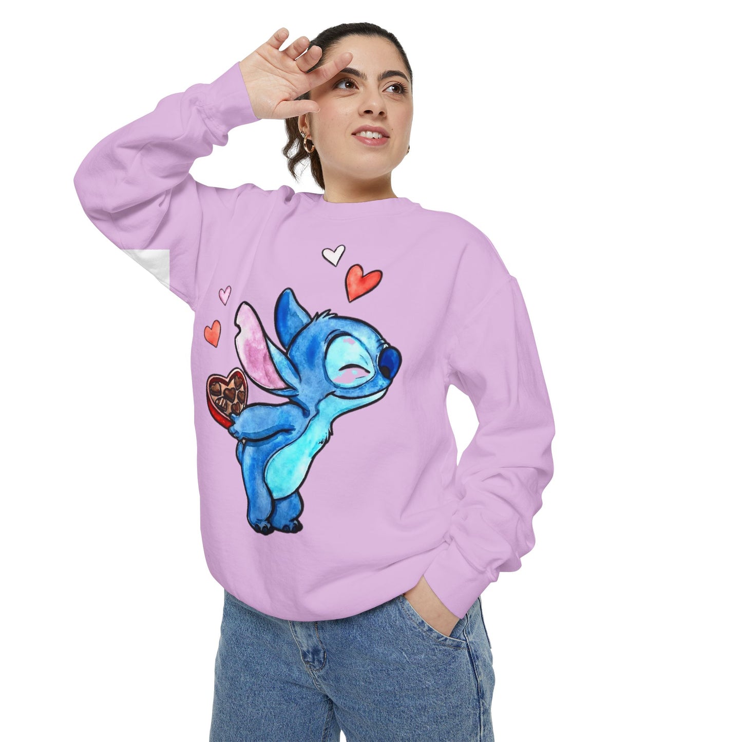 Stitch Valentine Sweatshirt — Cute Blue Alien with Hearts & Chocolate Pocket