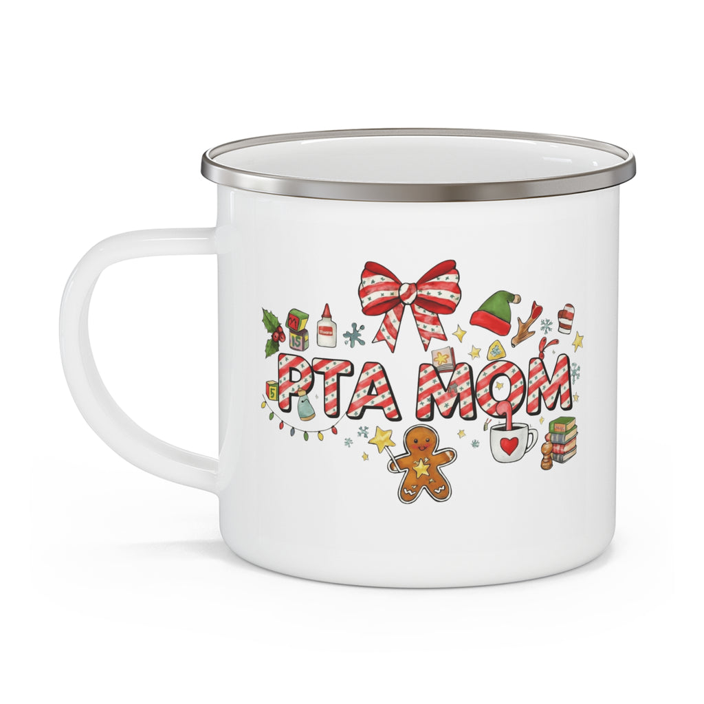 Enamel Mug "PTA Mom" Holiday Camping Coffee Cup Christmas Candy Cane Design School Staff Christmas Mug Collection