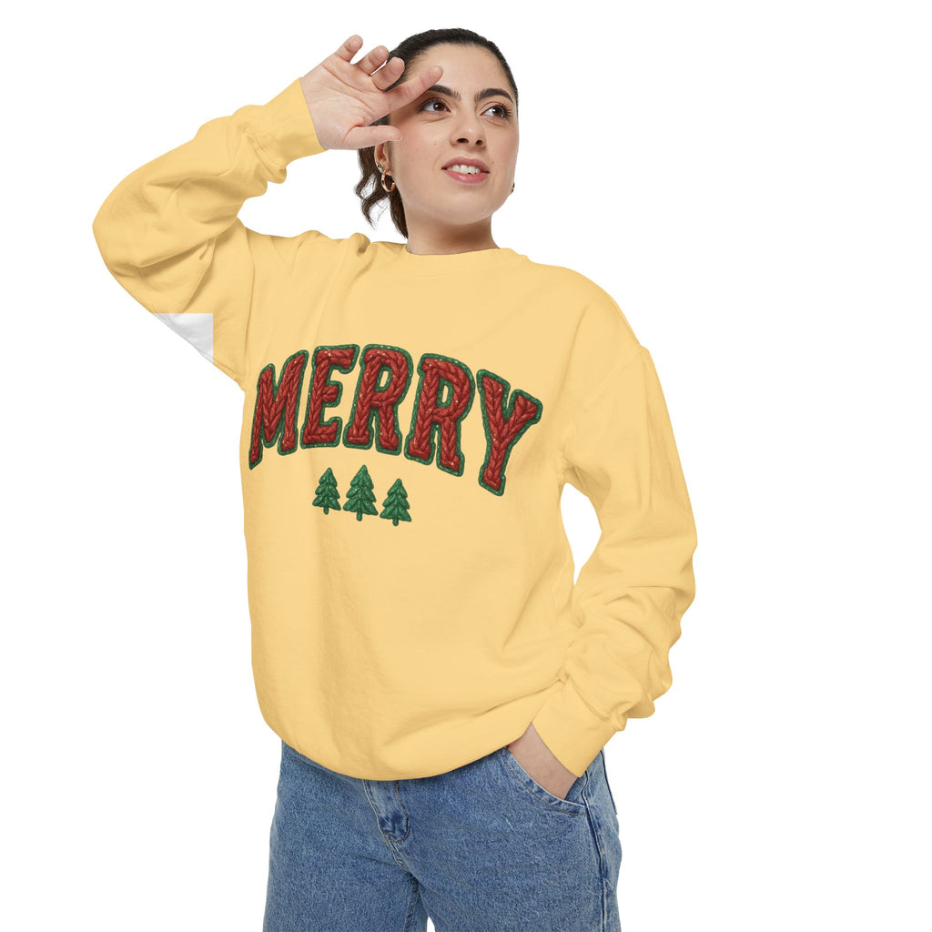 Merry Holiday Sweatshirt — Cozy Christmas Pullover with Tree Graphics Festive Holiday Designs