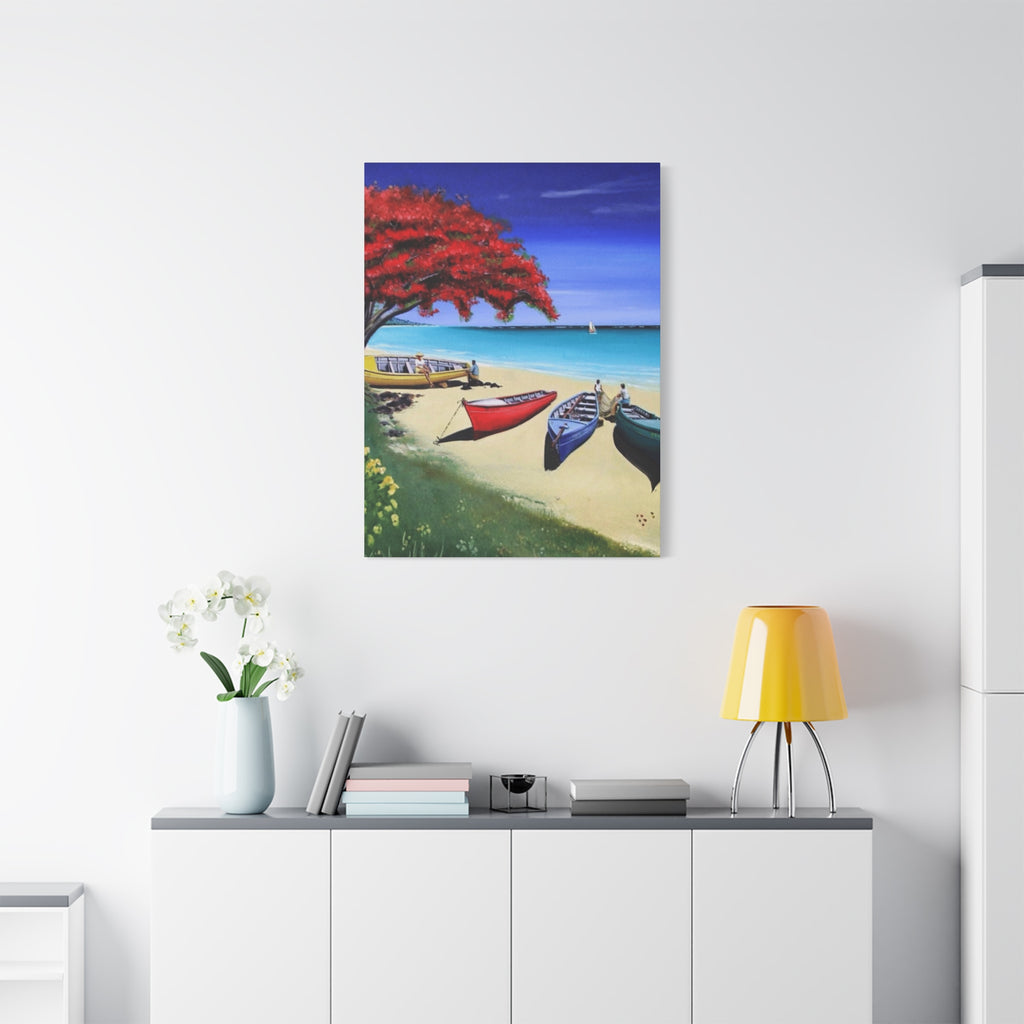 Beach Canoes Canvas Wall Art Tropical Seaside Landscape Matte Stretched Canvas