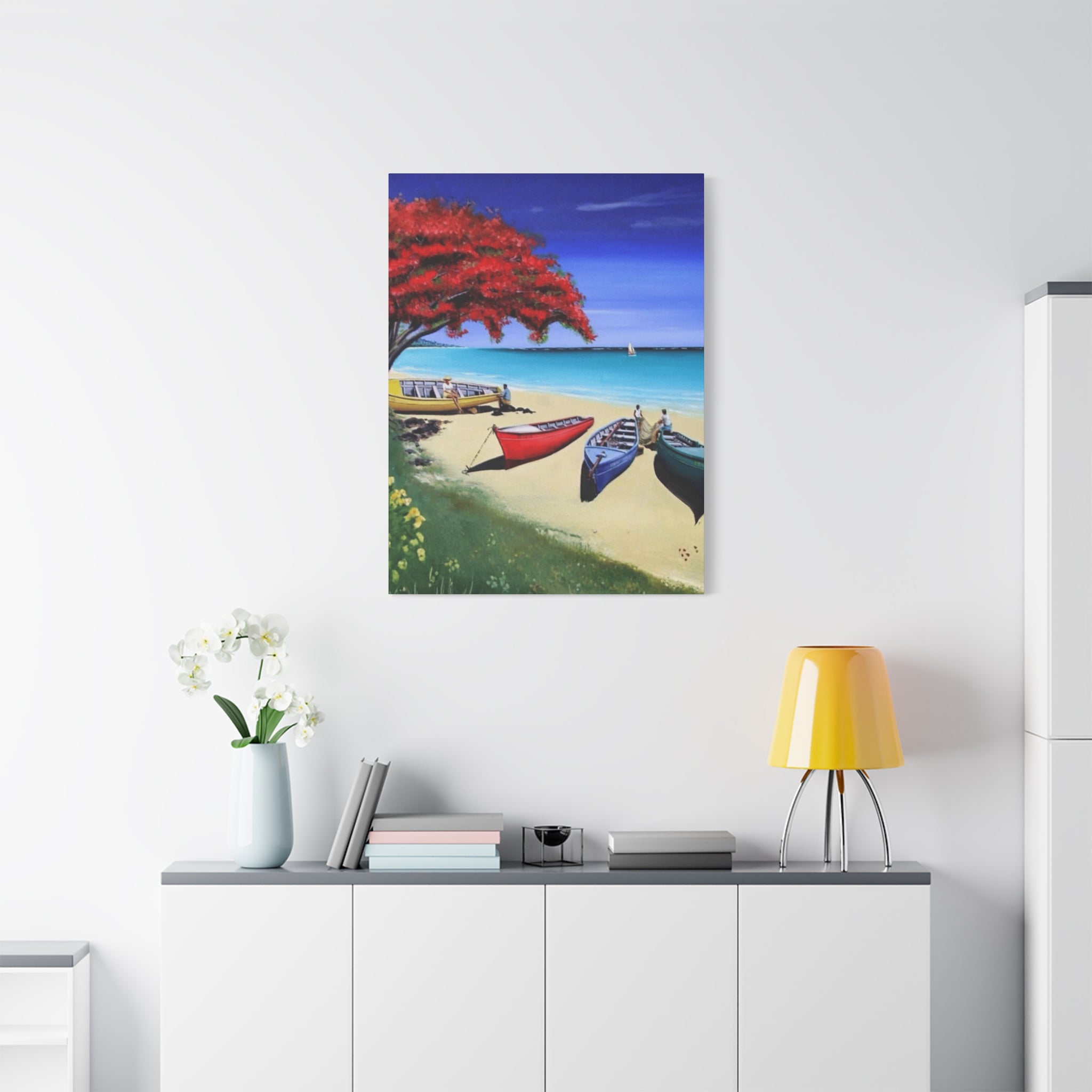 Beach Canoes Canvas Wall Art Tropical Seaside Landscape Matte Stretched Canvas