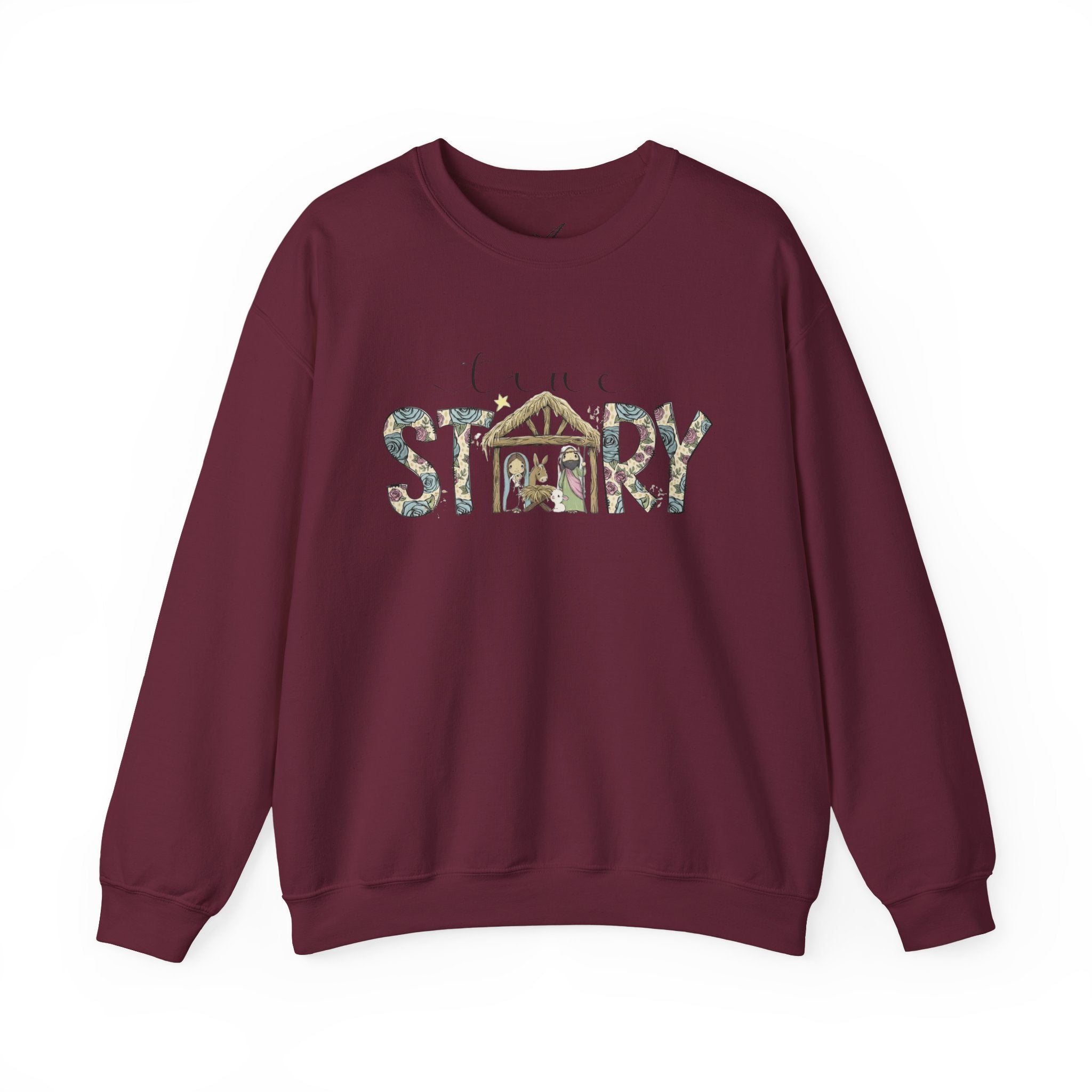Crewneck Sweatshirt "Come Story" Floral Nativity Design  Cozy Christmas Pullover unique festive designs and joyful