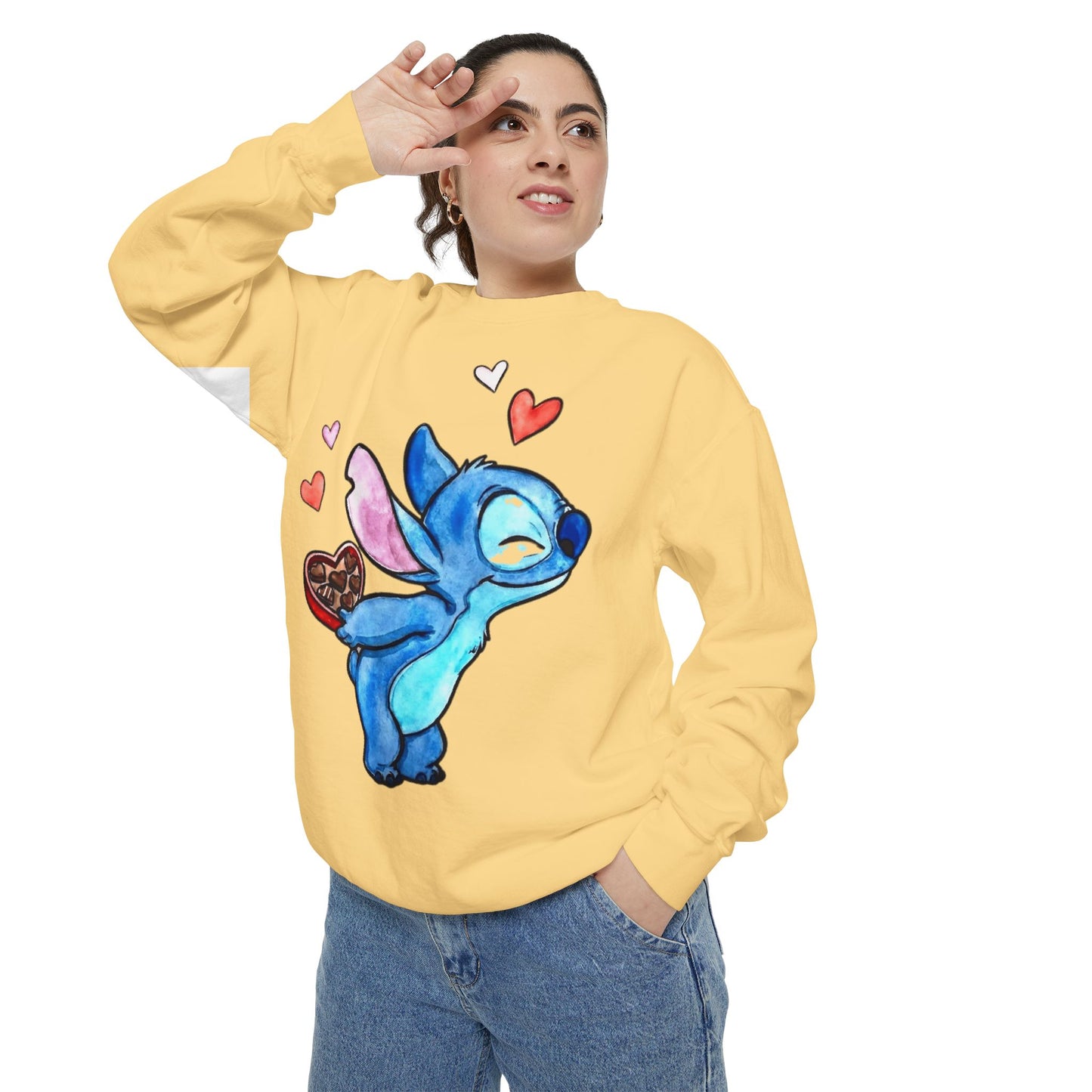 Stitch Valentine Sweatshirt — Cute Blue Alien with Hearts & Chocolate Pocket