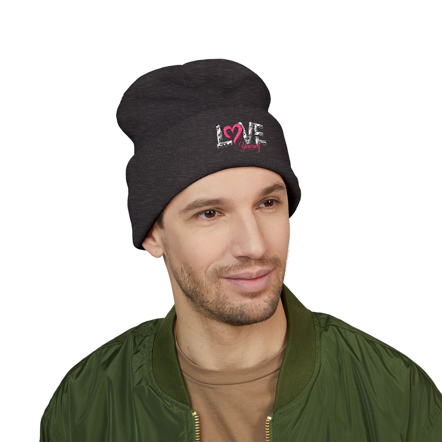 Embroidered 'Love' Heart Cuffed Beanie — Cozy Pink Accent Winter Hat