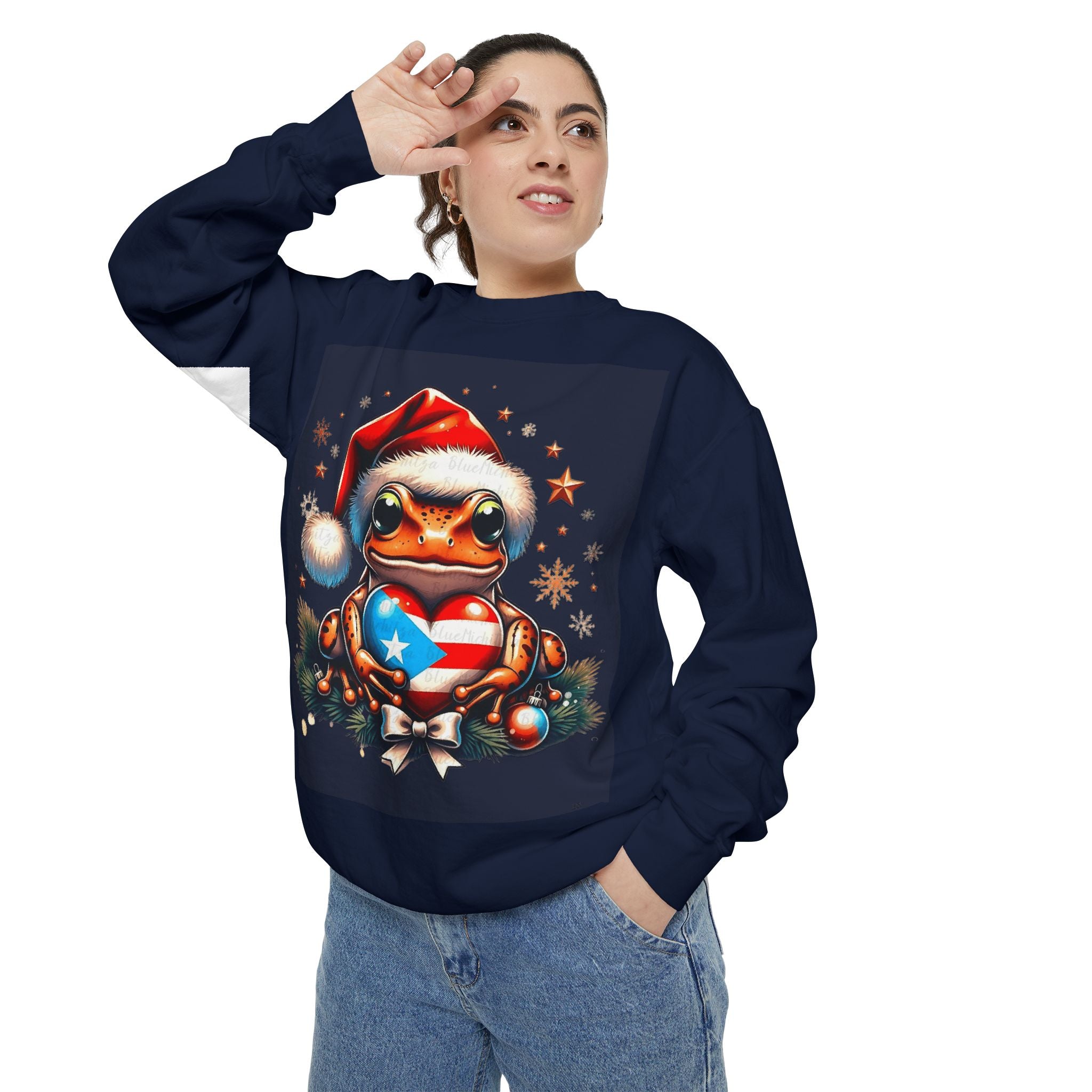 Christmas Coqui Sweatshirt — Cute Santa Frog Holding Ornament Holiday Sweater