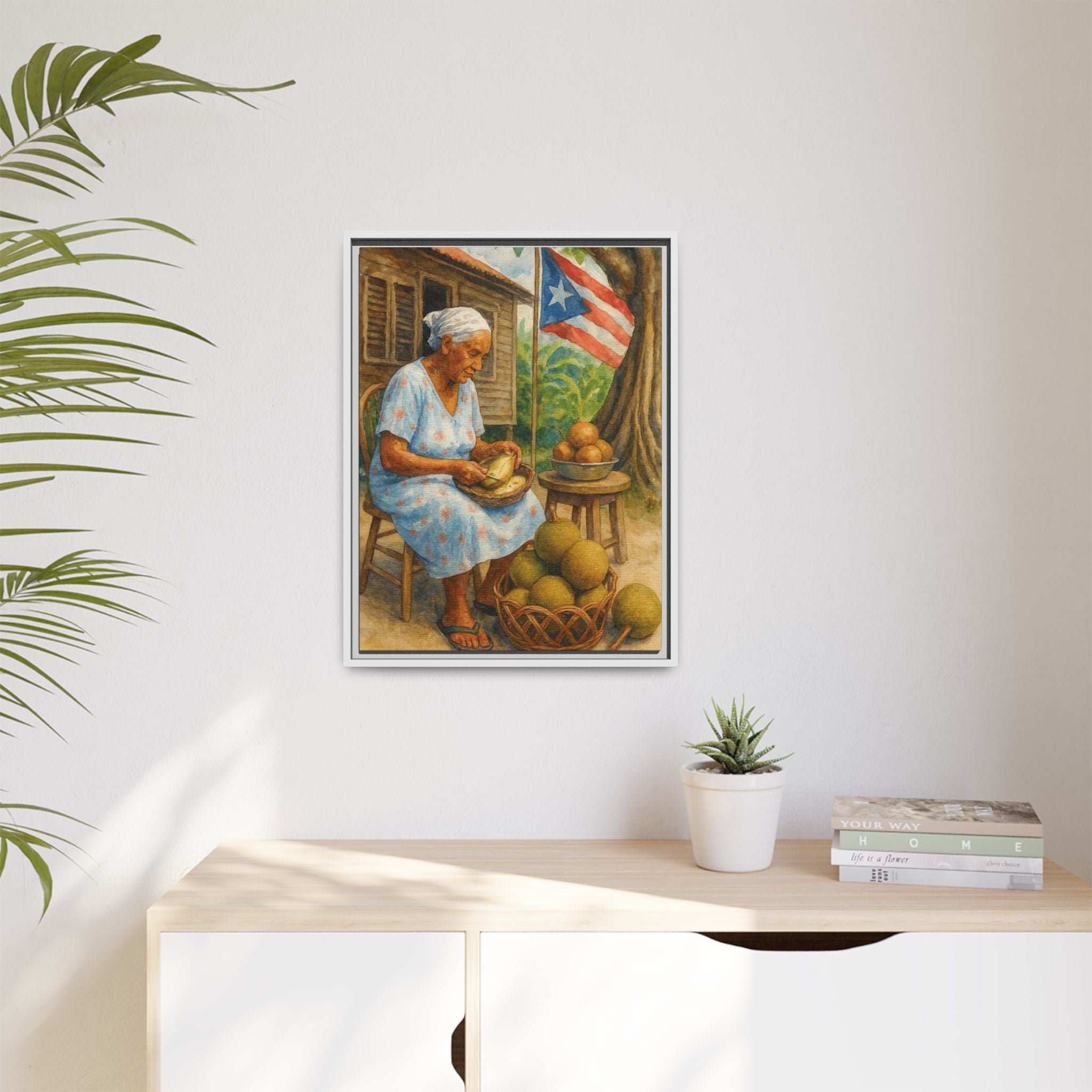 Cultural & Story-Driven These Puerto Rico inspired  Framed Matte Canvas Print  Woman Shelling Fruit Vintage Tropical Painting