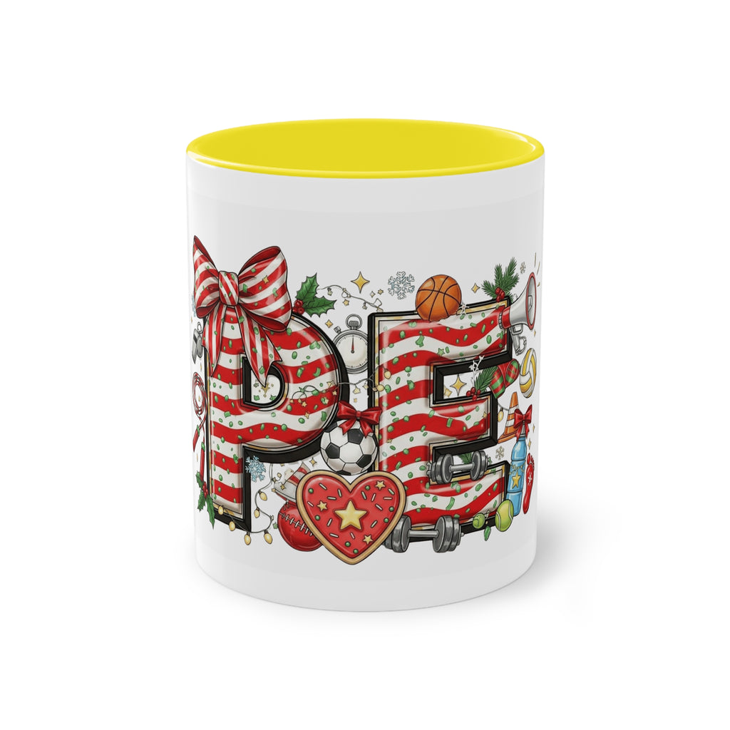 Holiday Sports Mom Coffee Mug Festive 'PE' Candy-Stripe Design, 11oz Two-Tone School Staff Christmas Mug Collection,