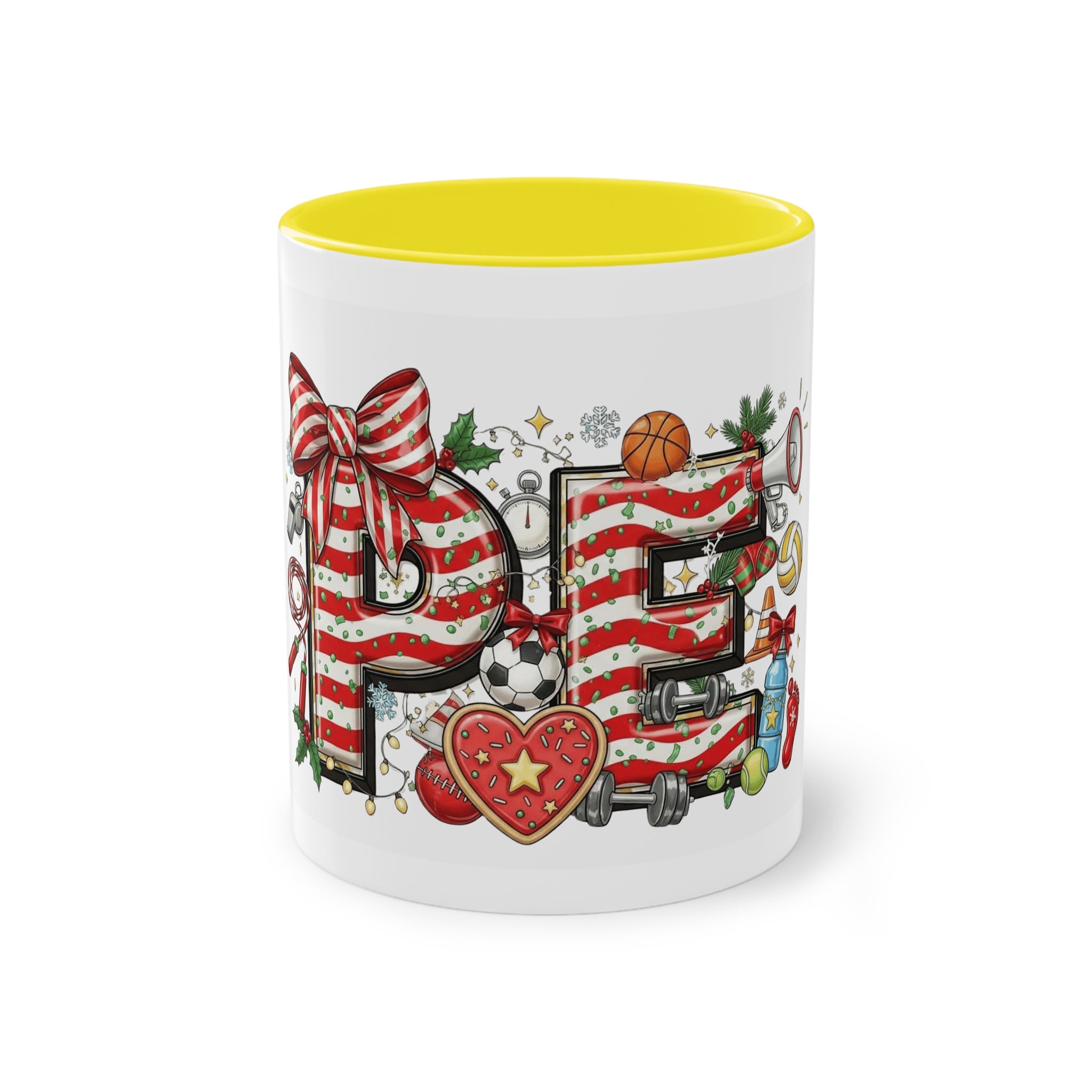 Holiday Sports Mom Coffee Mug Festive 'PE' Candy-Stripe Design, 11oz Two-Tone School Staff Christmas Mug Collection,