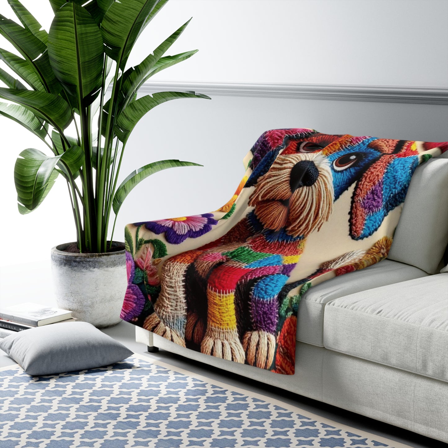 Colorful Patchwork Puppy Sherpa Blanket – Cozy Floral Dog Fleece Throw