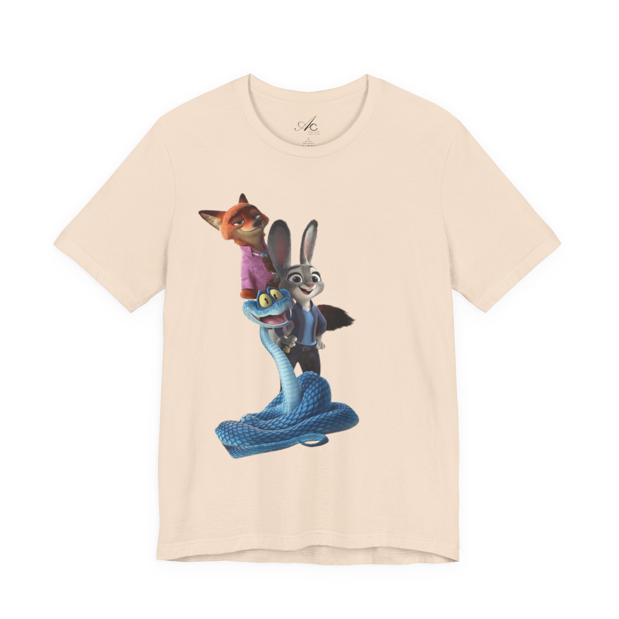 Animated Character Tee — Cute Fox & Bunny Stack Graphic T-Shirt  cartoon-style Christmas artwork