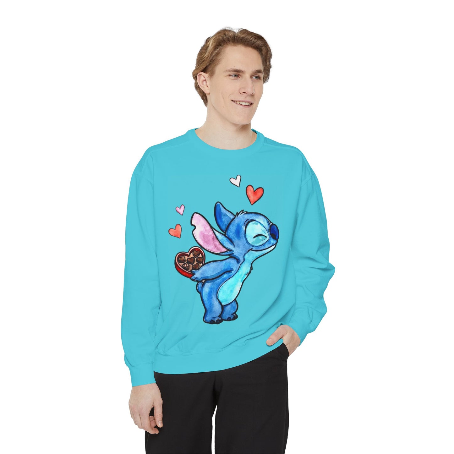 Stitch Valentine Sweatshirt — Cute Blue Alien with Hearts & Chocolate Pocket