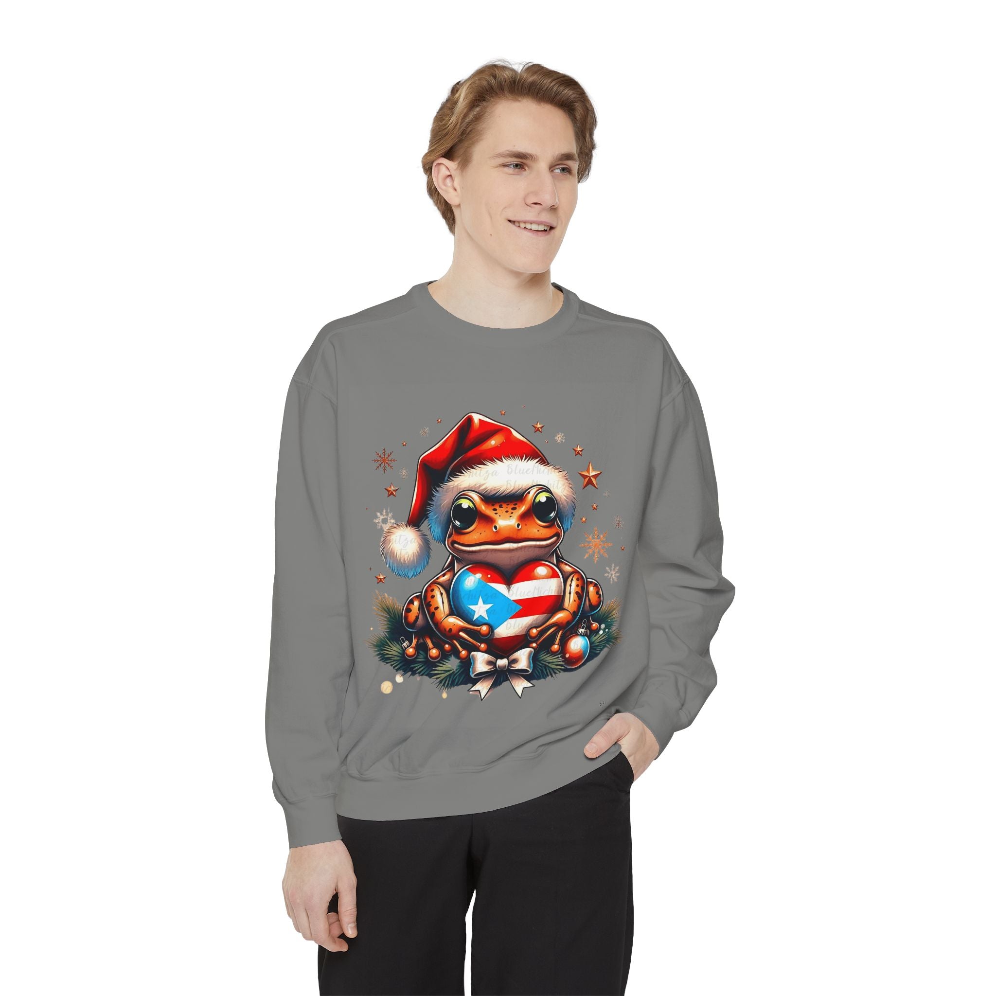 Christmas Coqui Sweatshirt — Cute Santa Frog Holding Ornament Holiday Sweater