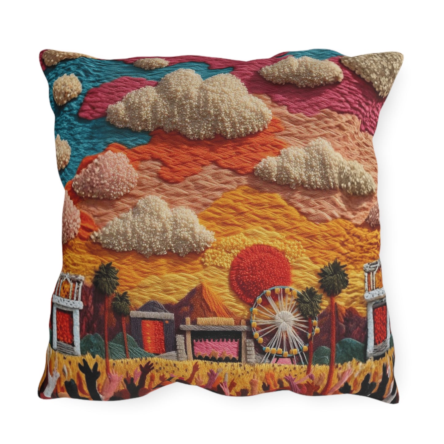 Retro Festival Outdoor Pillow — Sunset Carnival Embroidered Design