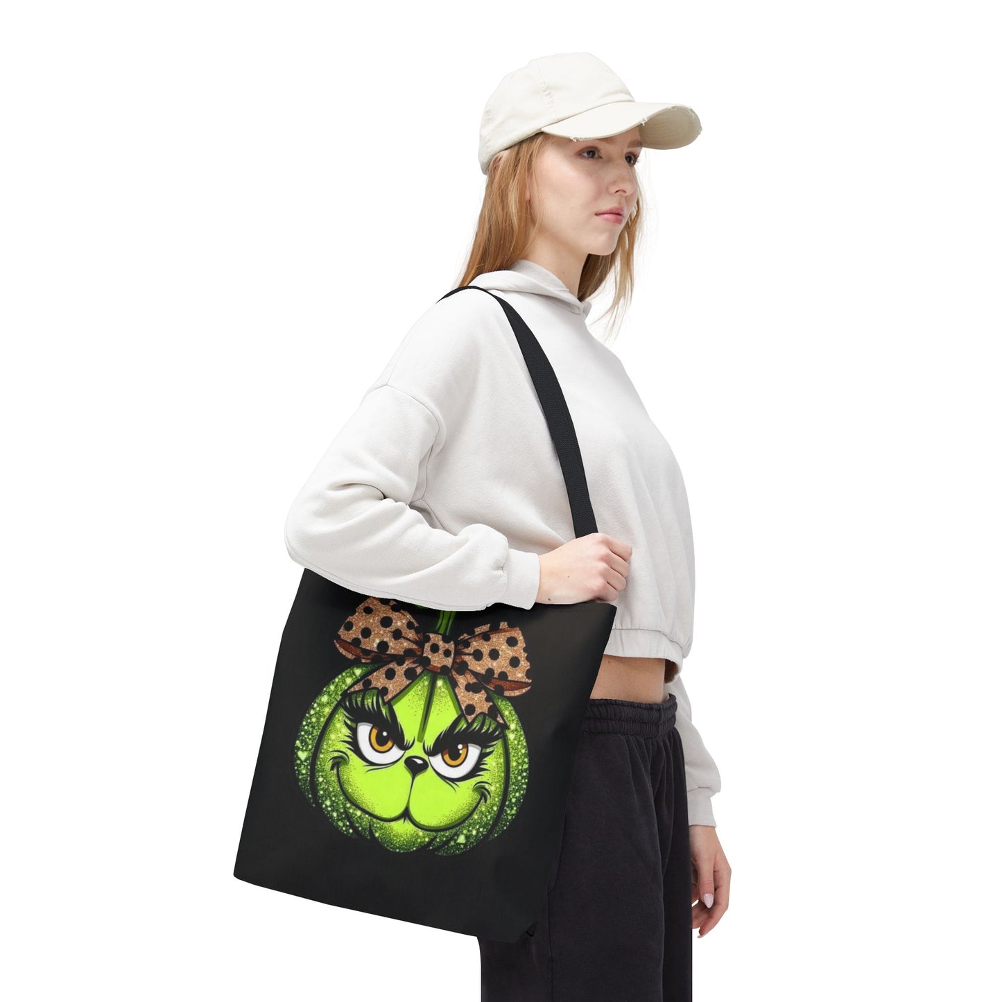 Grinch-Inspired Tote Bag with Polka Dot Bow Christmas Tote Bag Festive Holiday Design