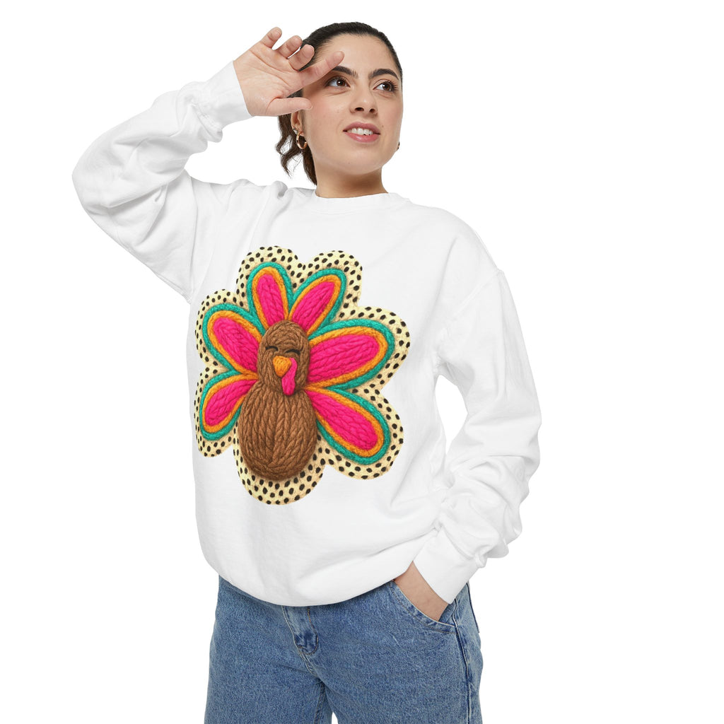 Festive Holiday Designs Turkey Patch Sweatshirt — Colorful Embroidered Thanksgiving Pullover