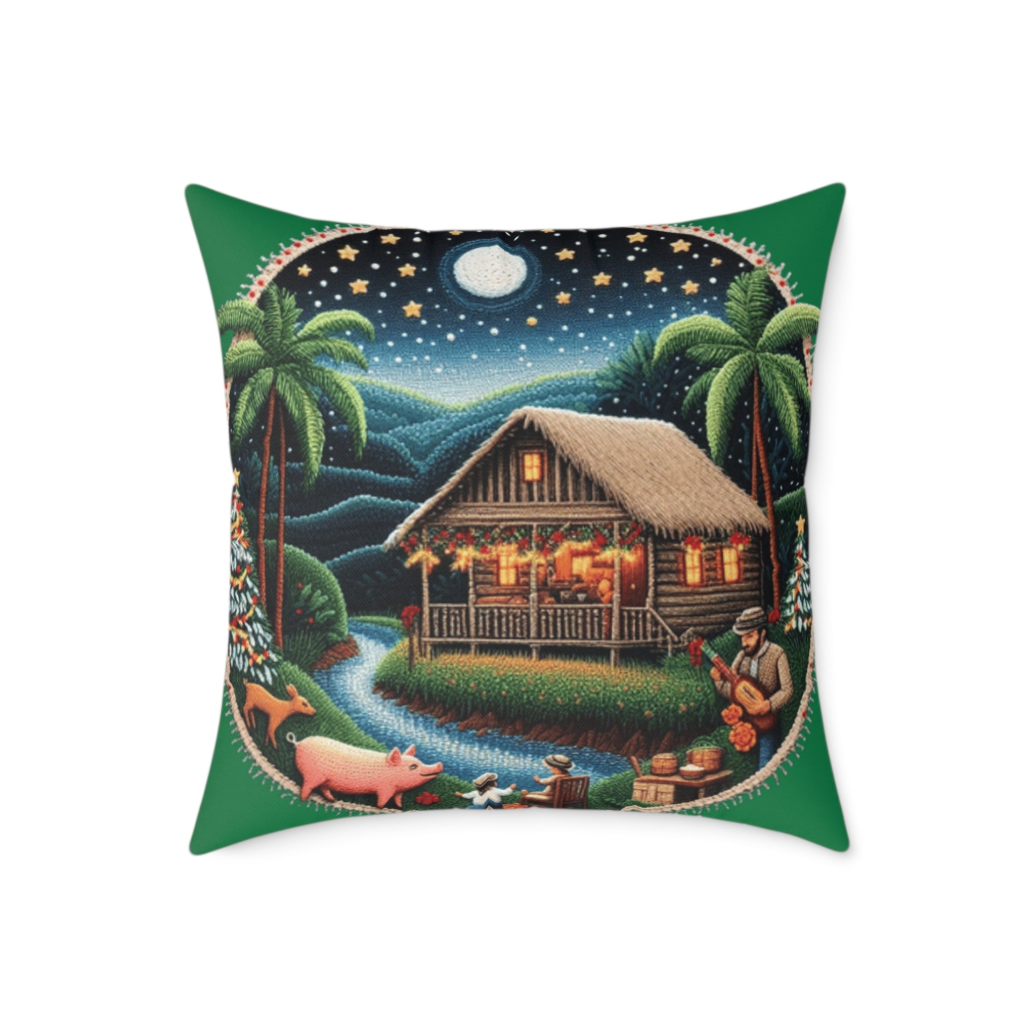 Island Night Cottage Pillow  Tropical Moonlit Cabin Throw Pillow Puerto Rico Culture Pillow