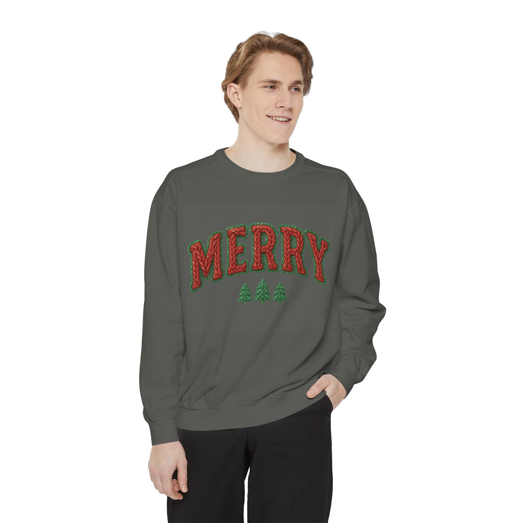 Merry Holiday Sweatshirt — Cozy Christmas Pullover with Tree Graphics Festive Holiday Designs