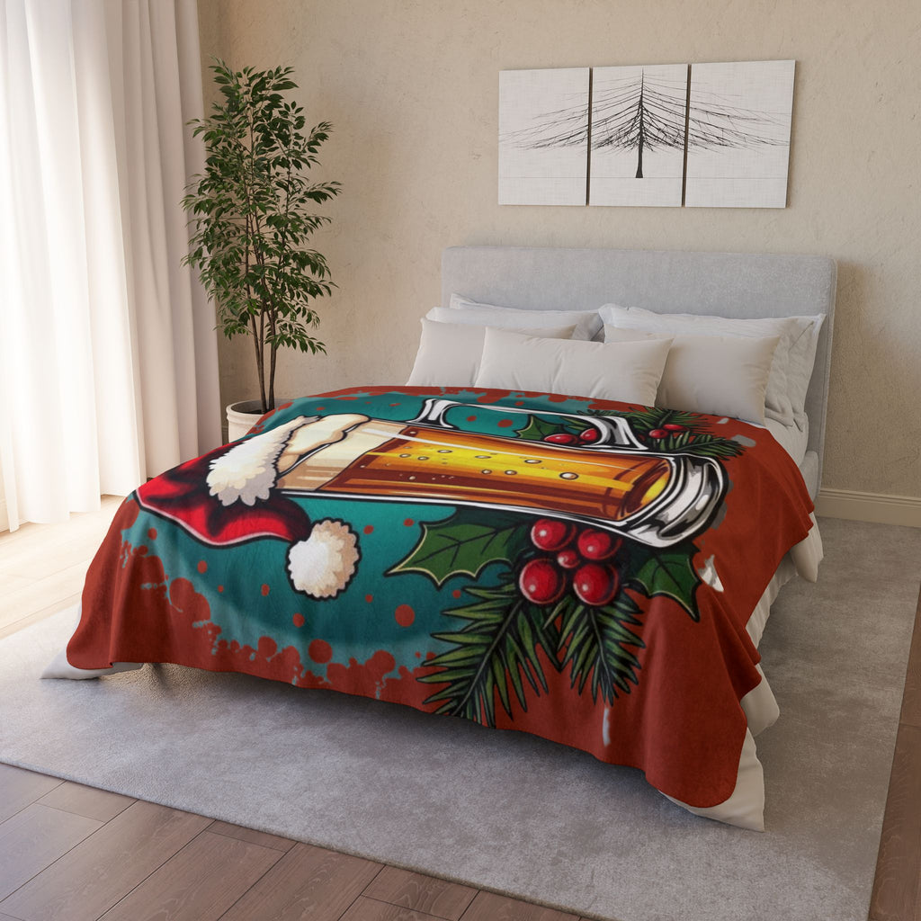 Christmas Beer Sherpa Blanket — Festive Mug with Santa Hat Holiday Throw