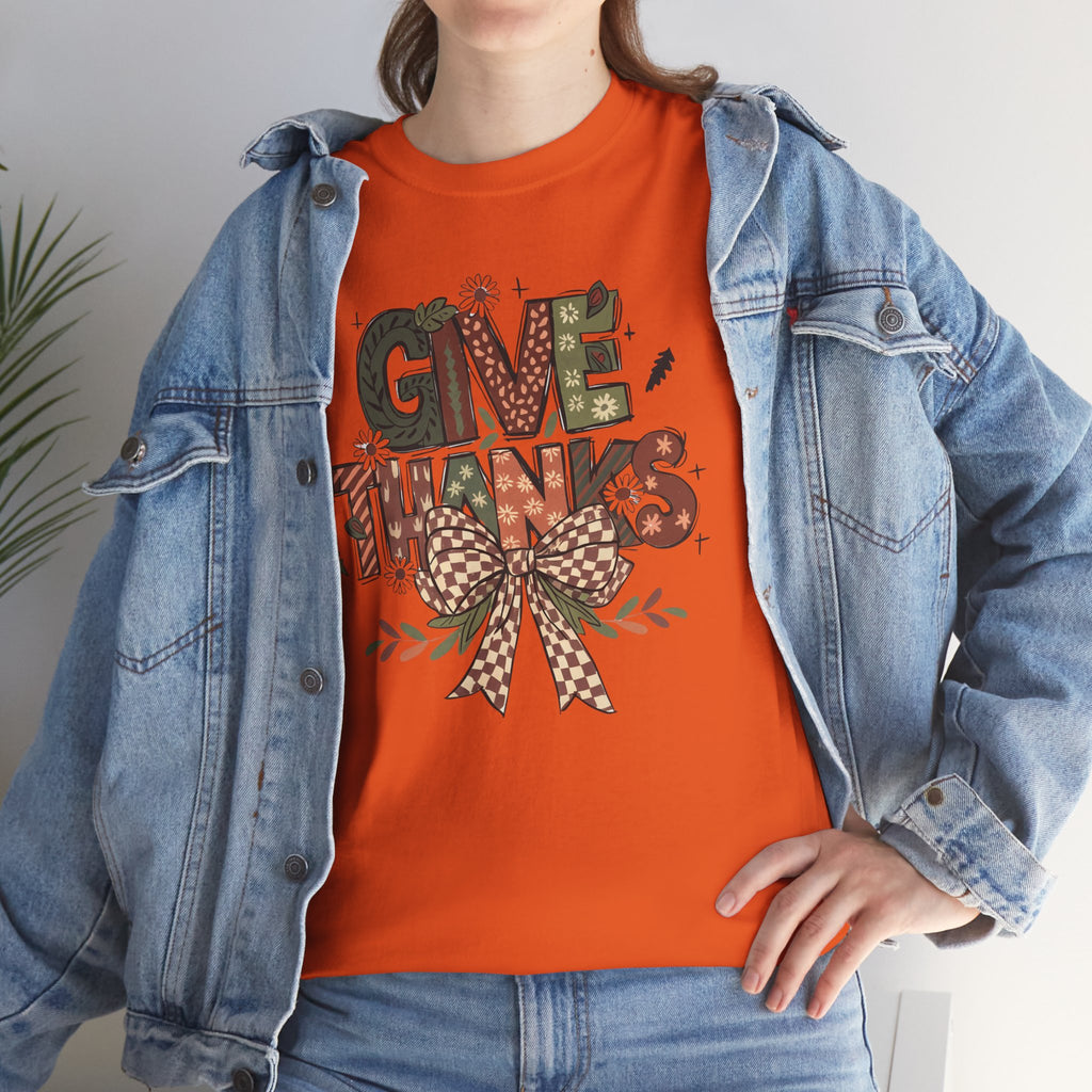 Give Thanks Tee Thanksgiving Graphic T-Shirt with Rustic Bow Design