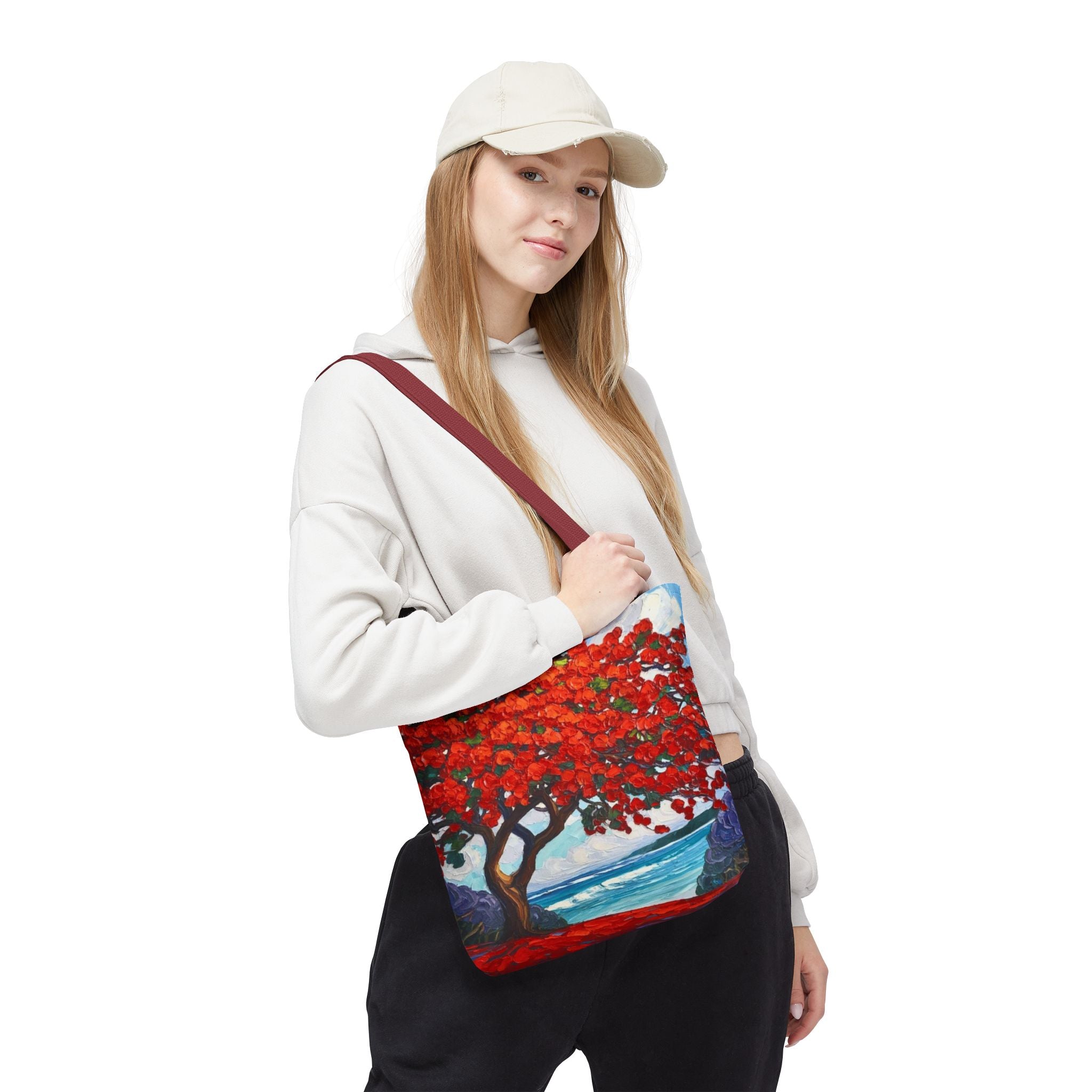 Red Blossom Beach Tote - Tropical Tree Art All-Over Print Tote Bag Crochet-Decorated Tote Bags