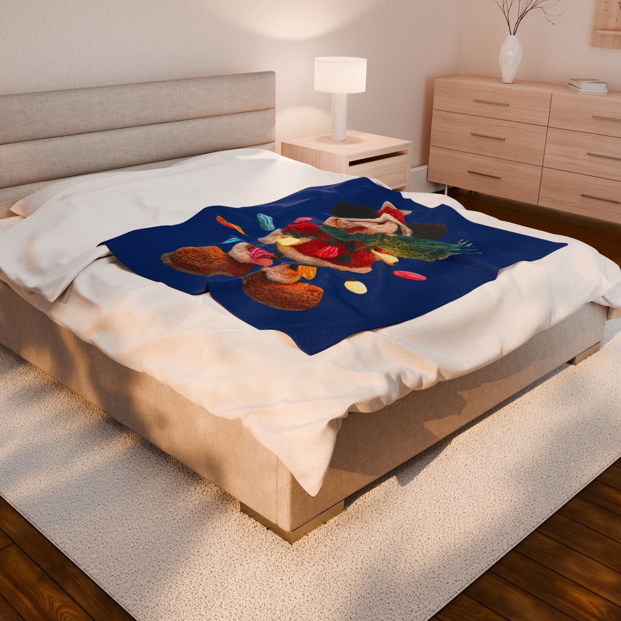 Mickey Mouse Holiday Velveteen Plush Blanket — Festive Lights & Scarf Cozy Throw