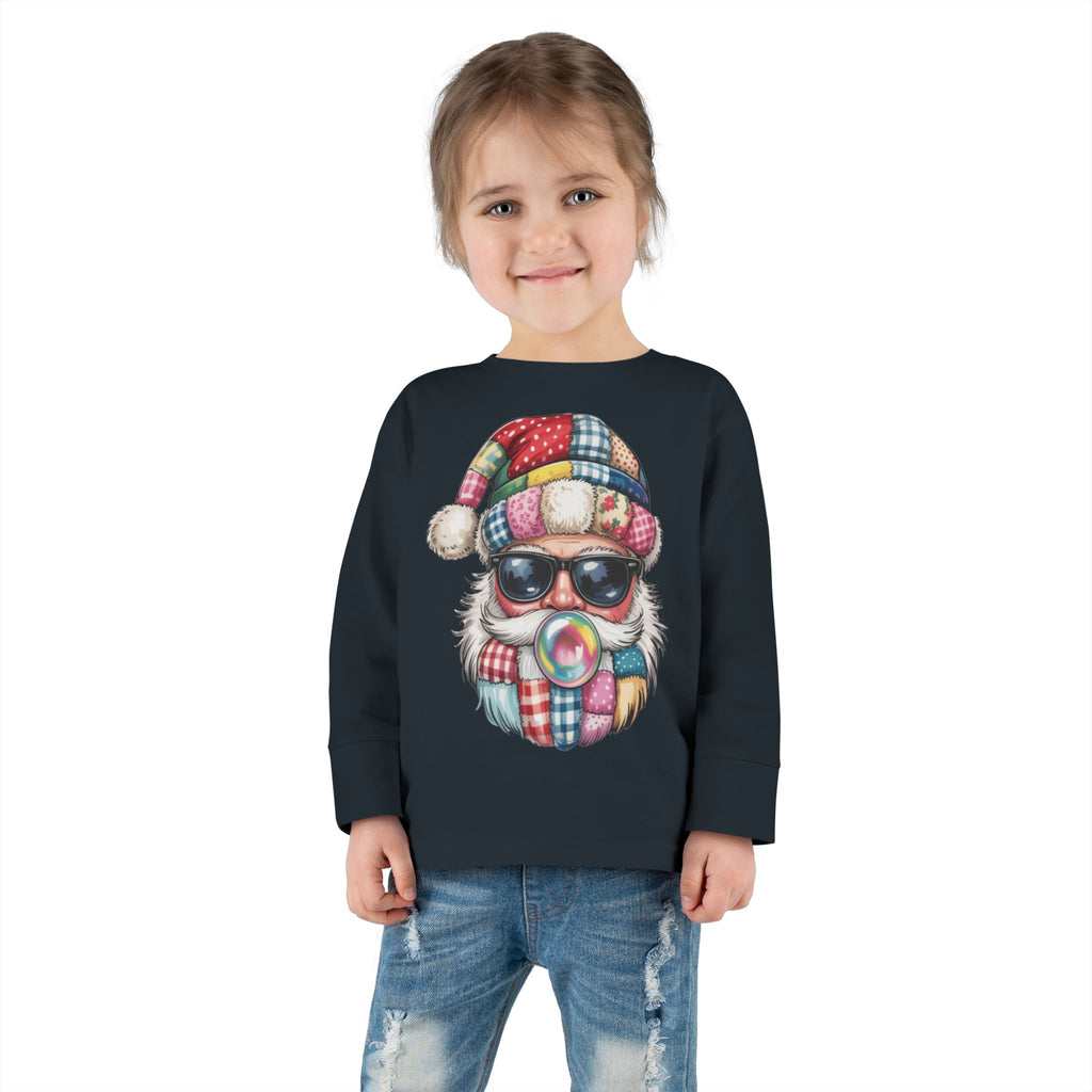 Toddler Long Sleeve Tee  Cool Santa with Patchwork Hat & Bubblegum Graphic