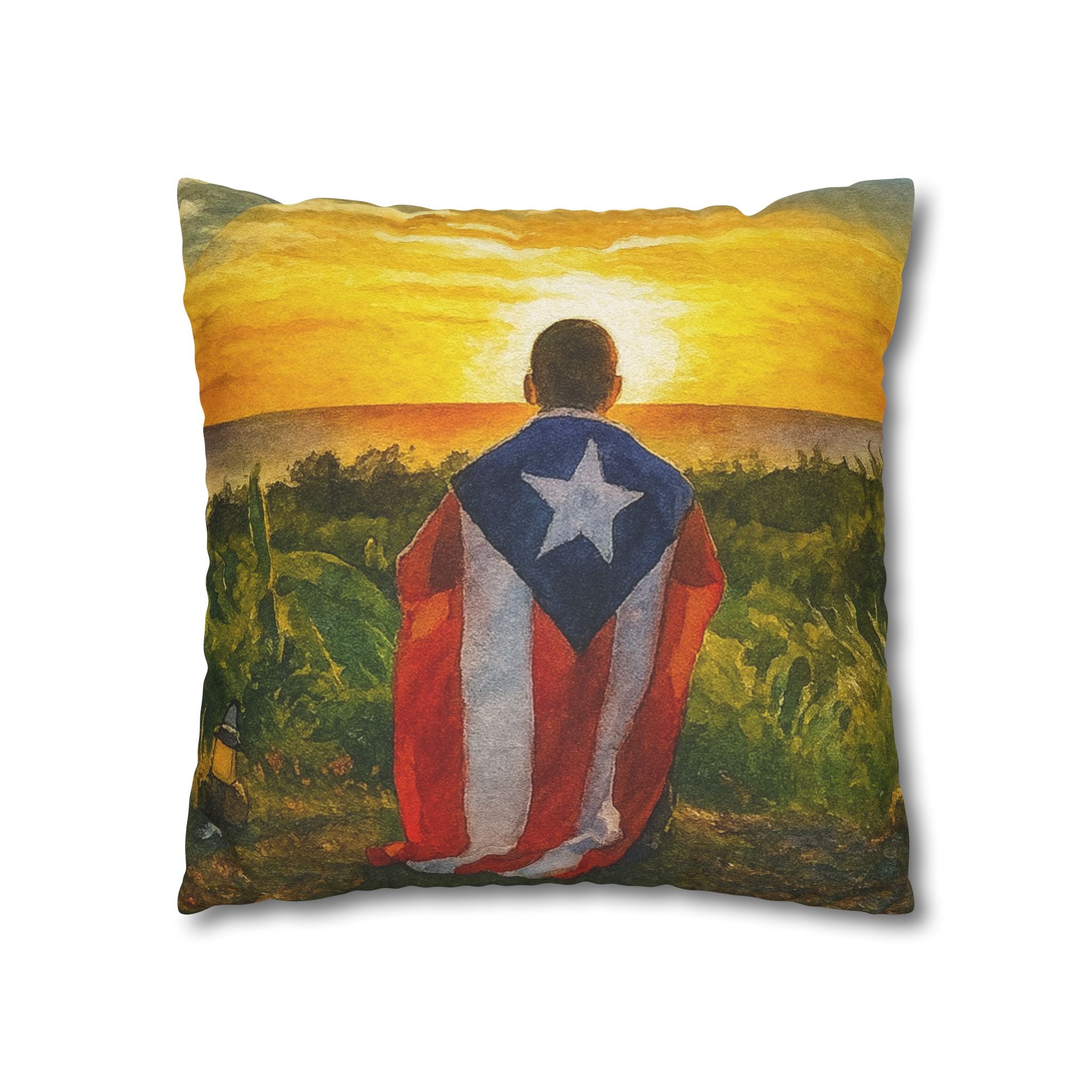 Puerto Rican Flag Sunset Pillowcase  Boy Draped in Puerto Rico Flag Decorative Throw Pillow Puerto Rico Culture Pillow