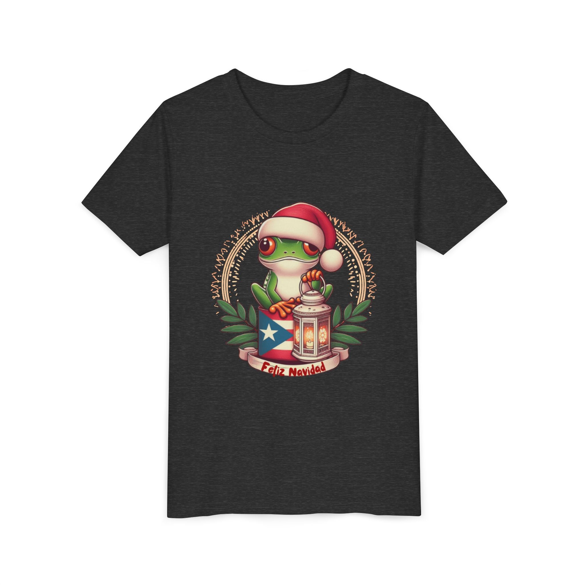 Kids Tee Cute Frog with Puerto Rican Flag & Lantern (Feliz Navidad)