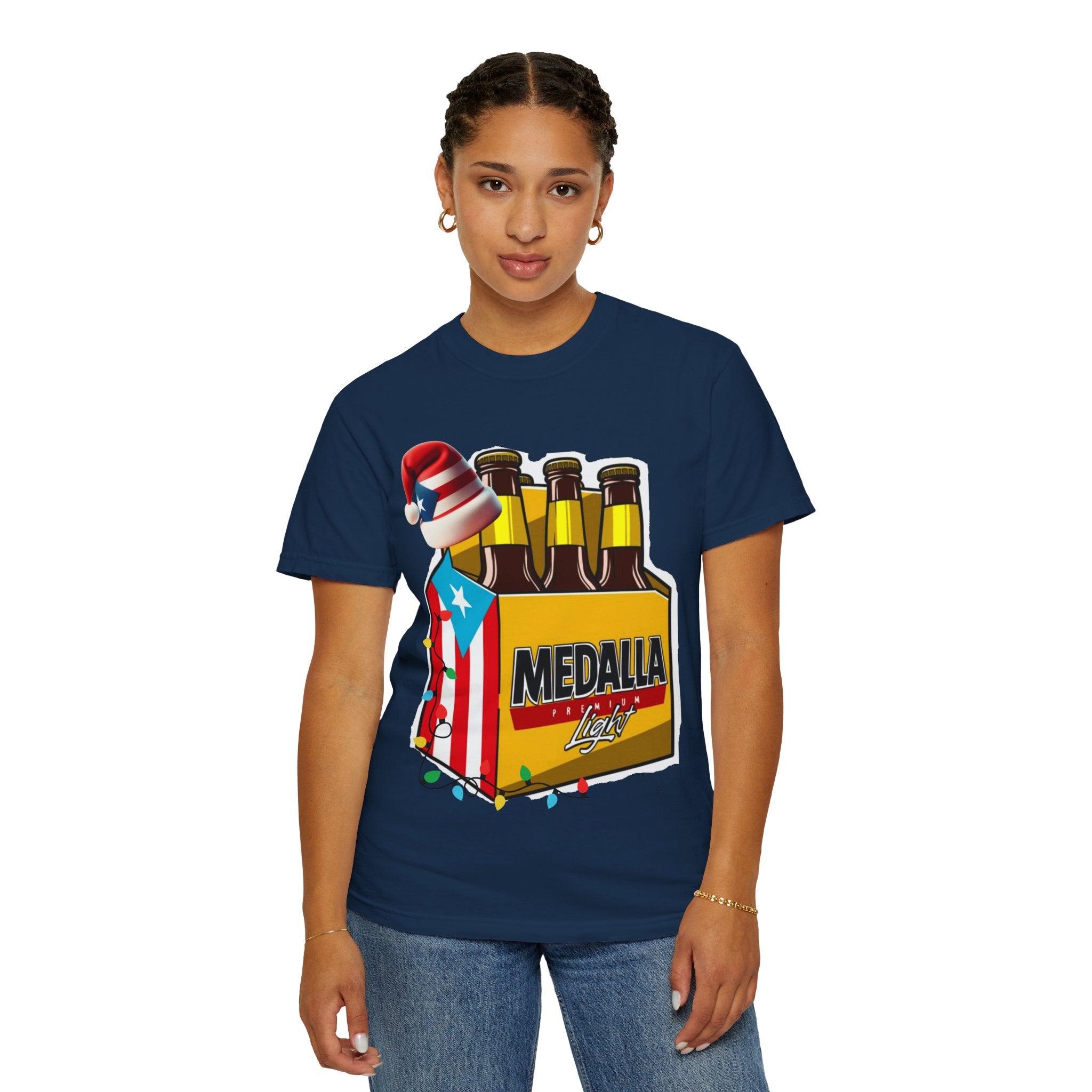 Medalla Light Beer T-Shirt  Navidad Boricua Holiday Tee Puerto Rico’s Navidades