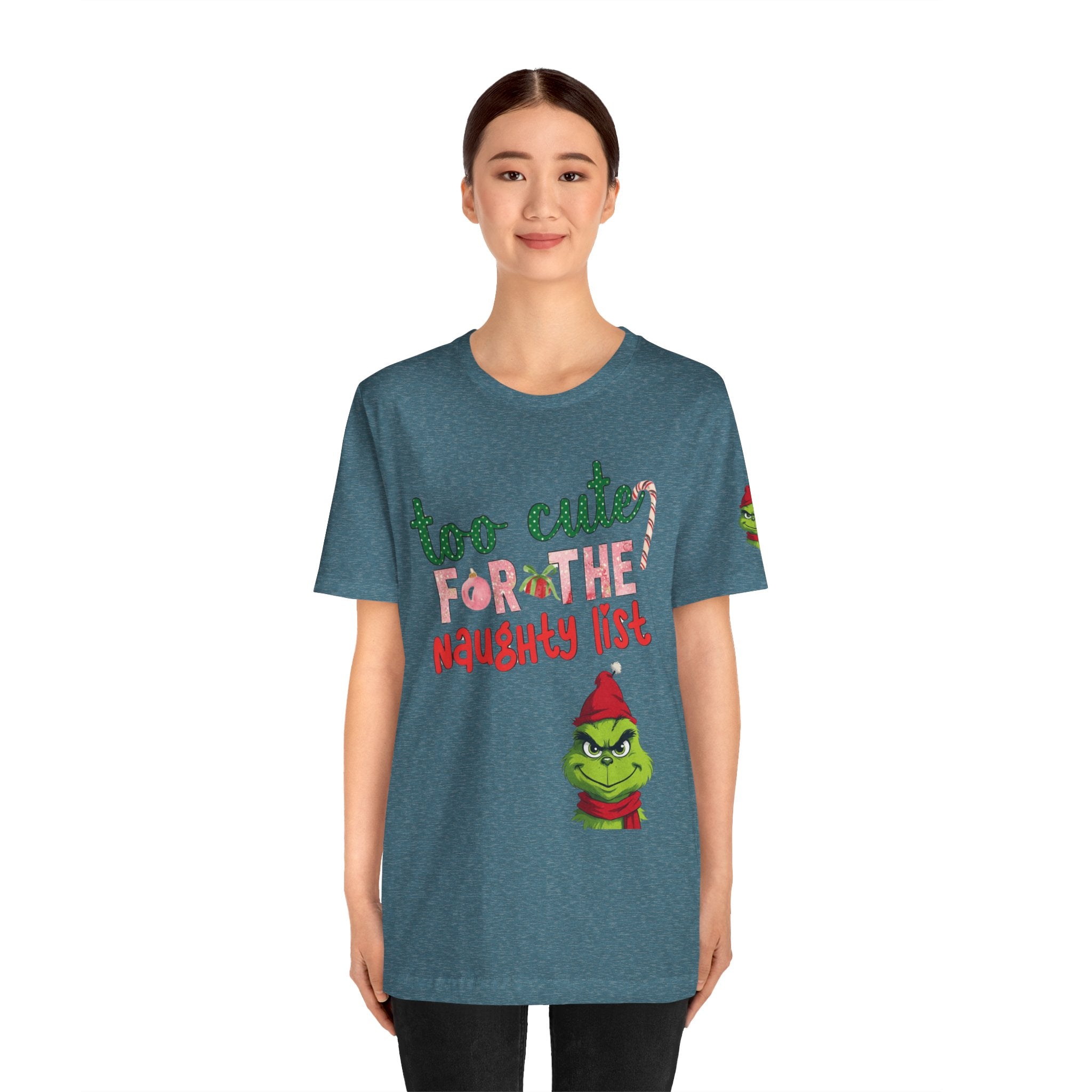 Christmas T-Shirts and Sweatshirts Collection Cute Grinch Holiday Tee 'Too Cute for the Naughty List' Unisex Jersey T-Shirt