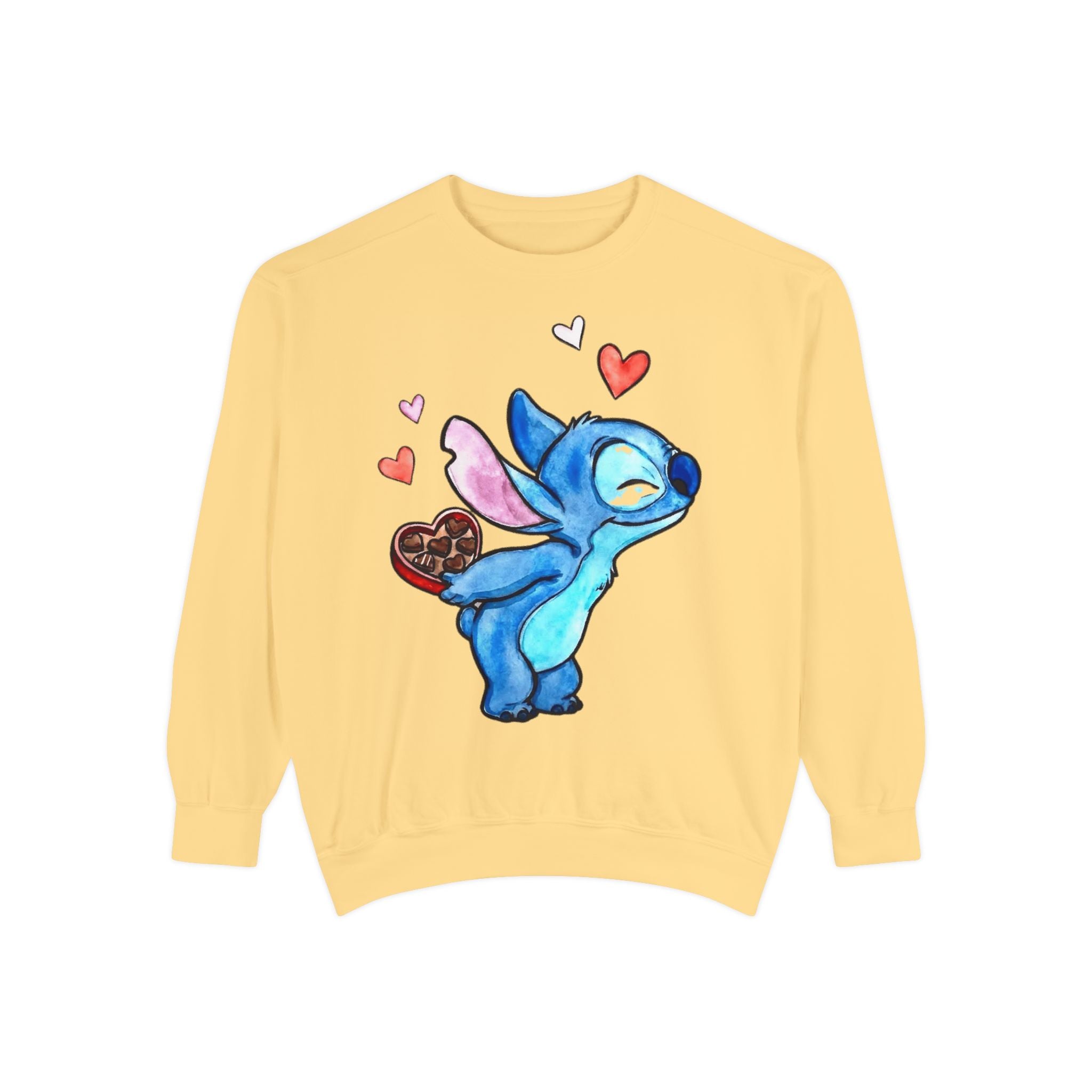 Stitch Valentine Sweatshirt — Cute Blue Alien with Hearts & Chocolate Pocket