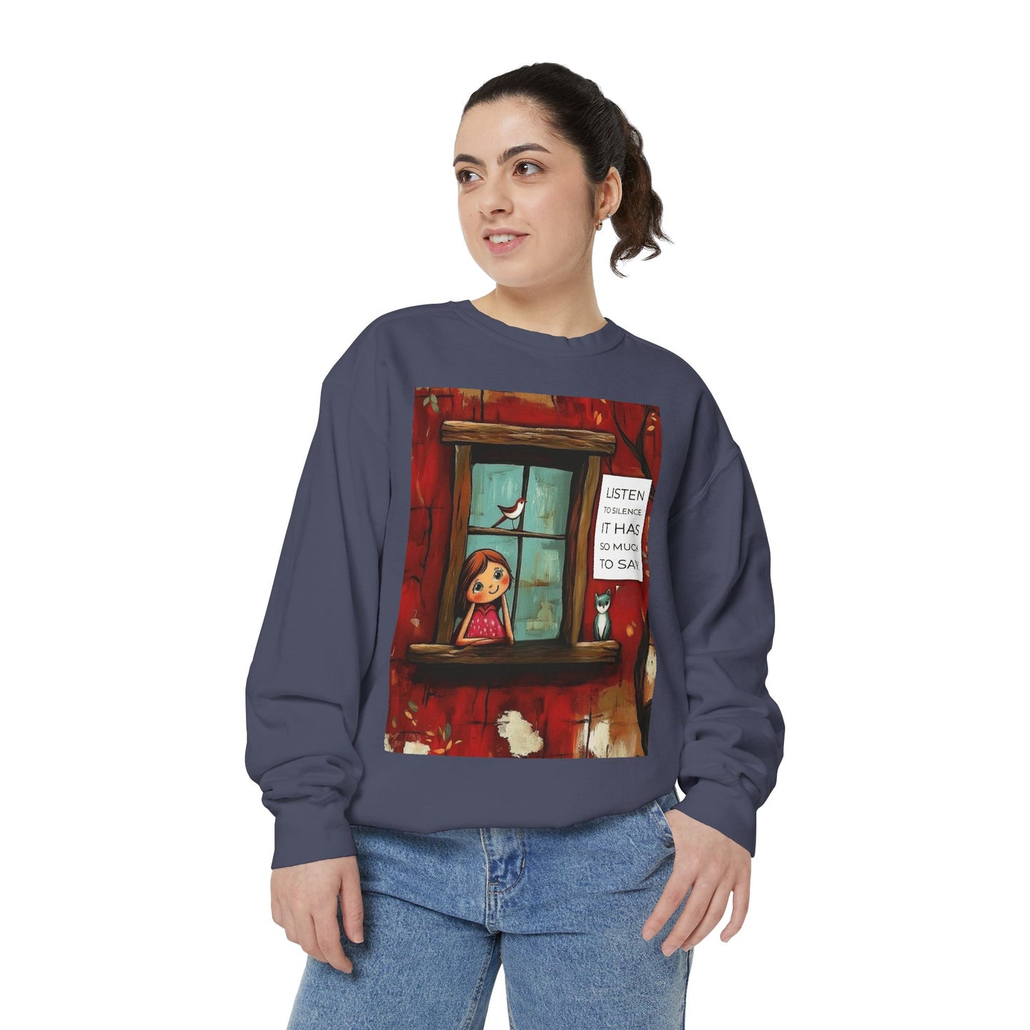 Cozy Window Scene Sweatshirt  "Listen, It Has So Much to Say" Graphic