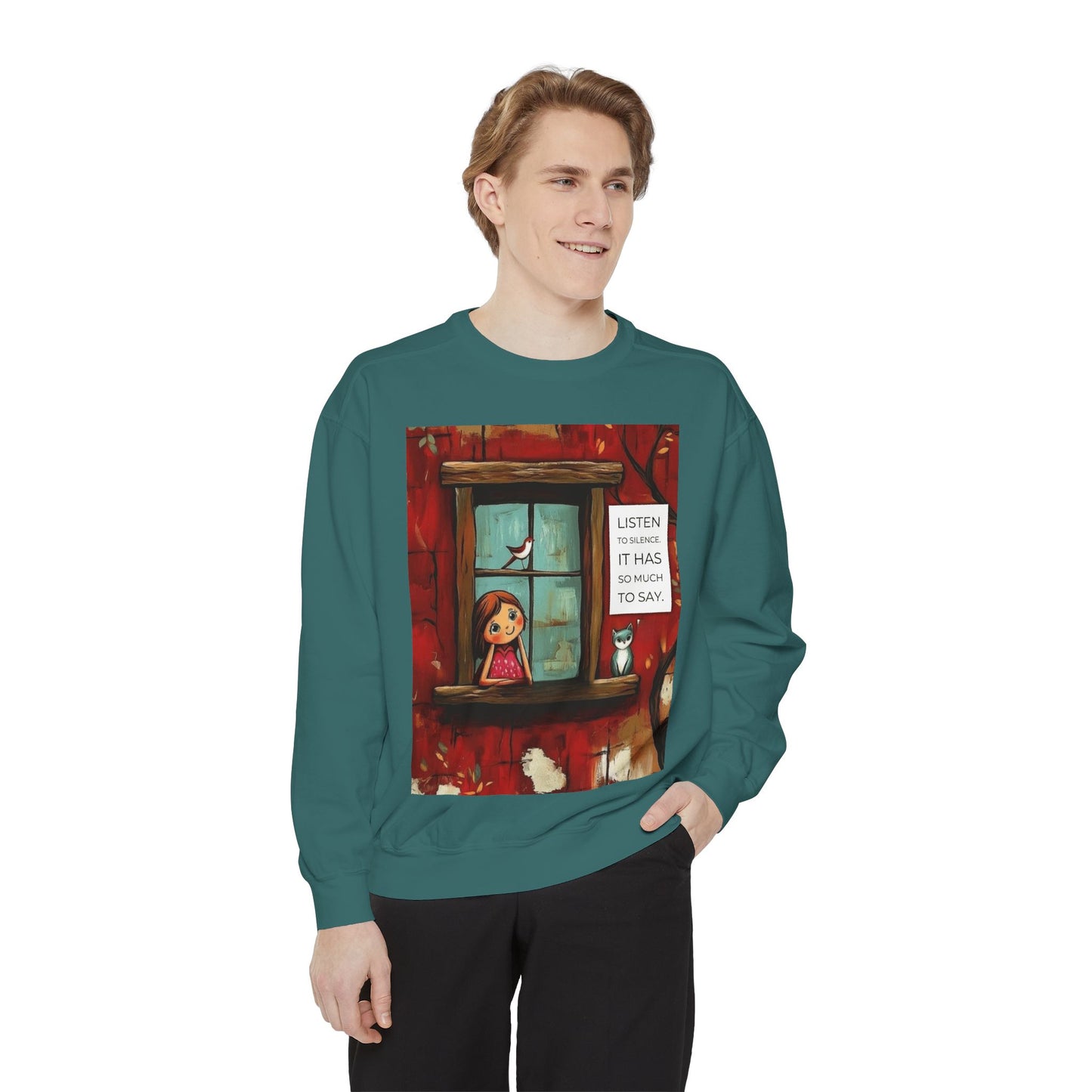 Cozy Window Scene Sweatshirt  "Listen, It Has So Much to Say" Graphic