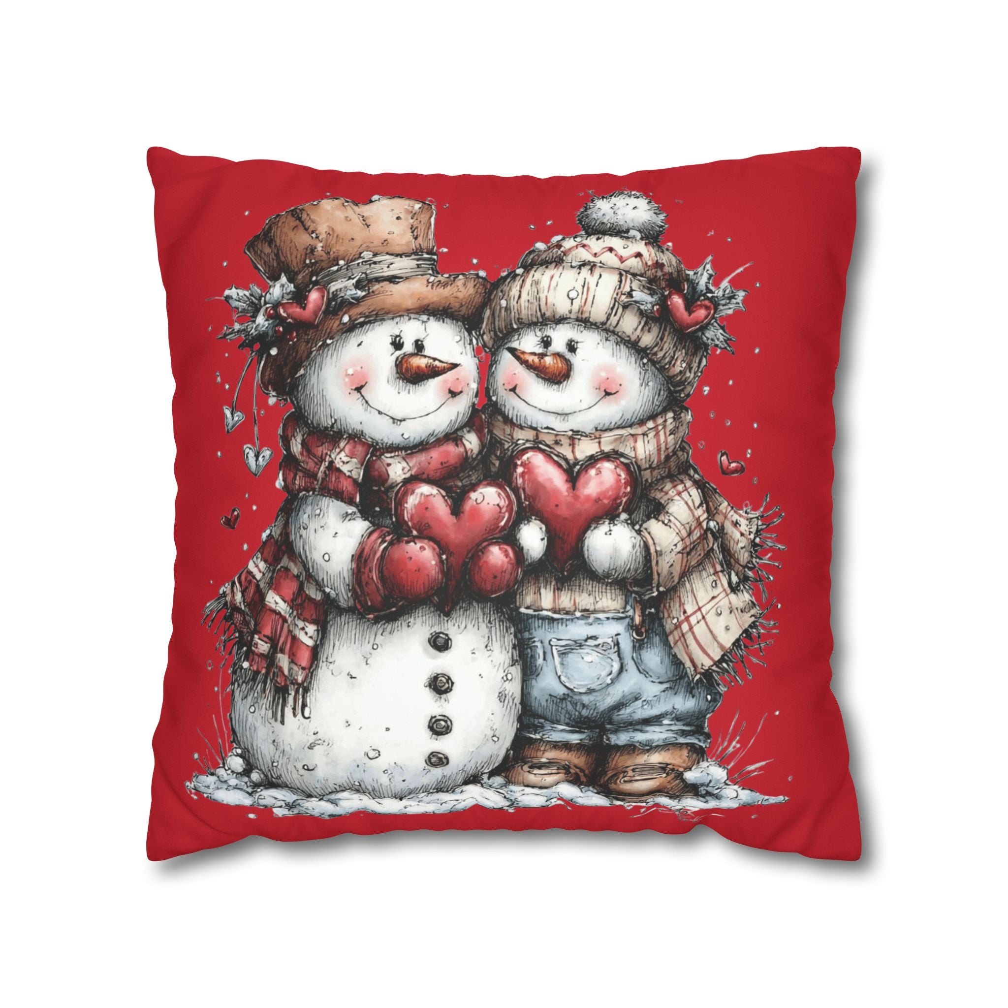 Christmas Snowman Couple Faux Suede Pillowcase CHRISTMAS PILLOW DÉCOR