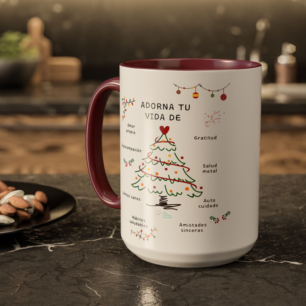 Mug — 'Adorna Tu Vida' Christmas Tree Spanish Holiday Coffee Mug (11oz/15oz)