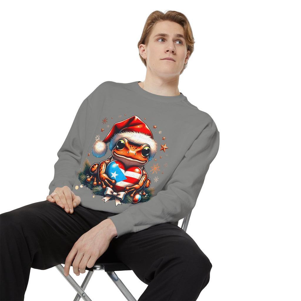 Christmas Coqui Sweatshirt — Cute Santa Frog Holding Ornament Holiday Sweater