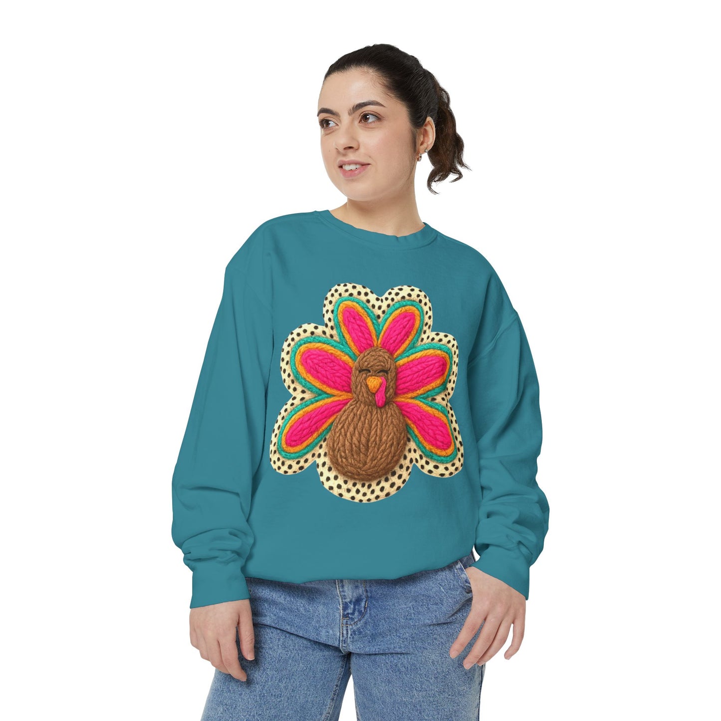 Festive Holiday Designs Turkey Patch Sweatshirt — Colorful Embroidered Thanksgiving Pullover