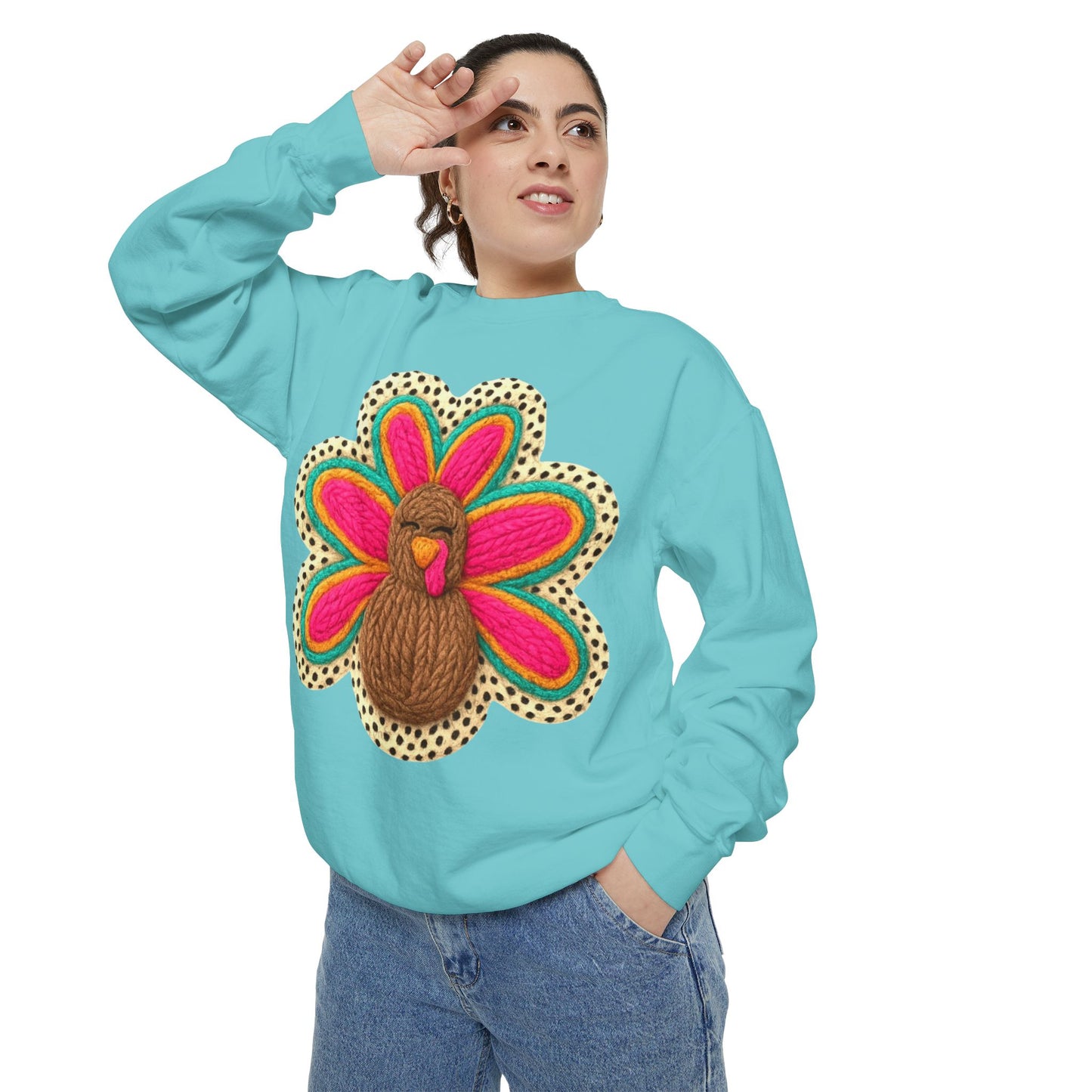 Festive Holiday Designs Turkey Patch Sweatshirt — Colorful Embroidered Thanksgiving Pullover