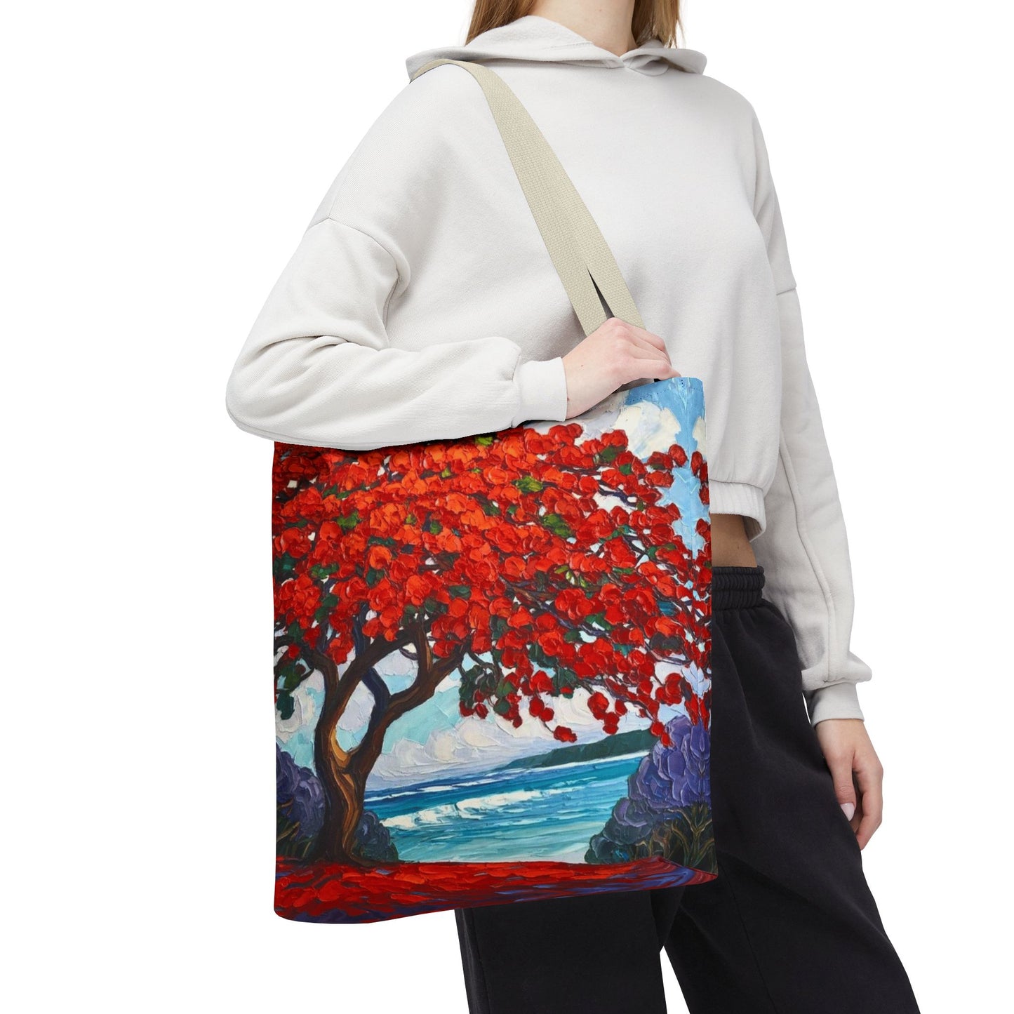 Red Blossom Beach Tote - Tropical Tree Art All-Over Print Tote Bag Crochet-Decorated Tote Bags