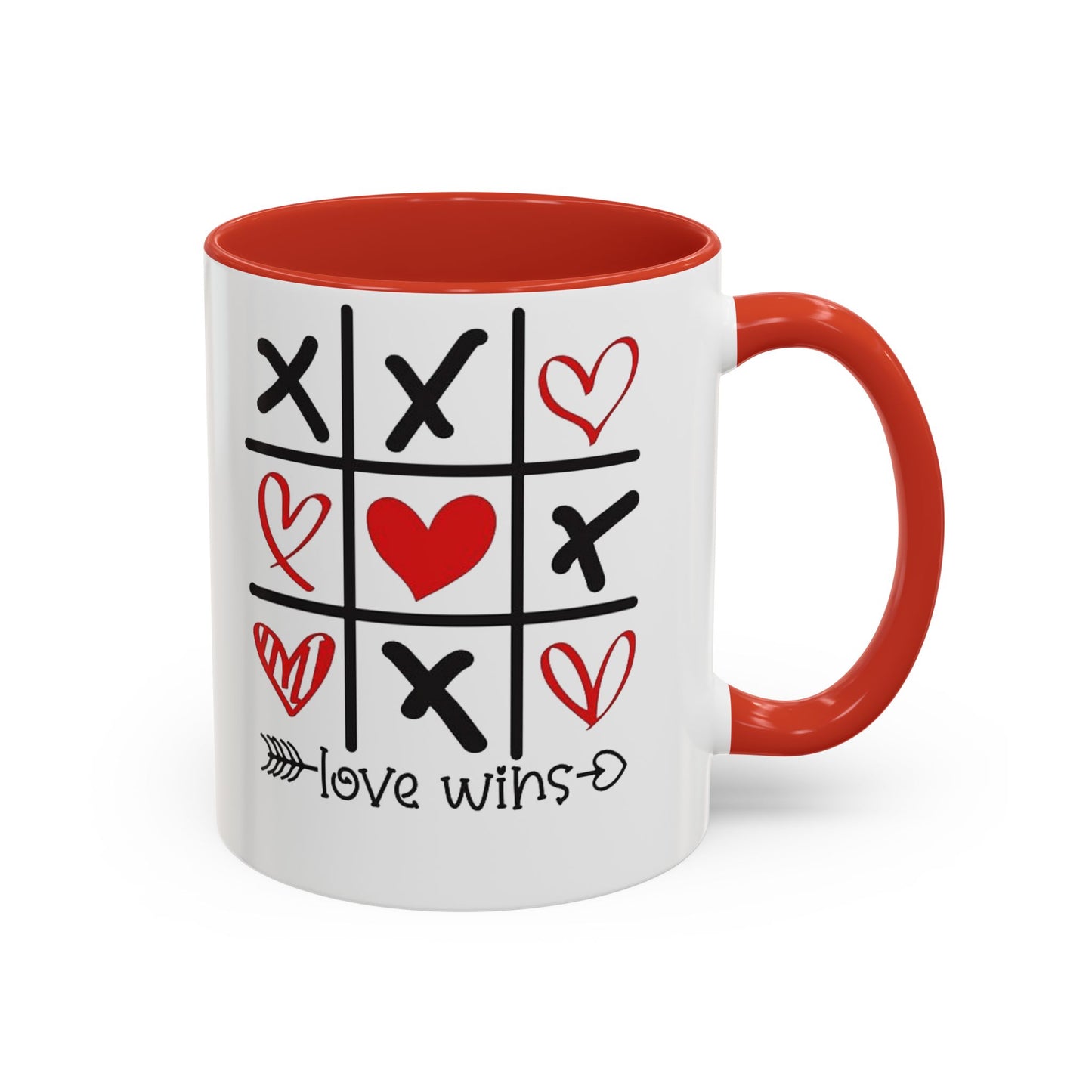 Love Wins Tic-Tac-Toe Heart Accent Coffee Mug — Romantic Valentine 11/15oz